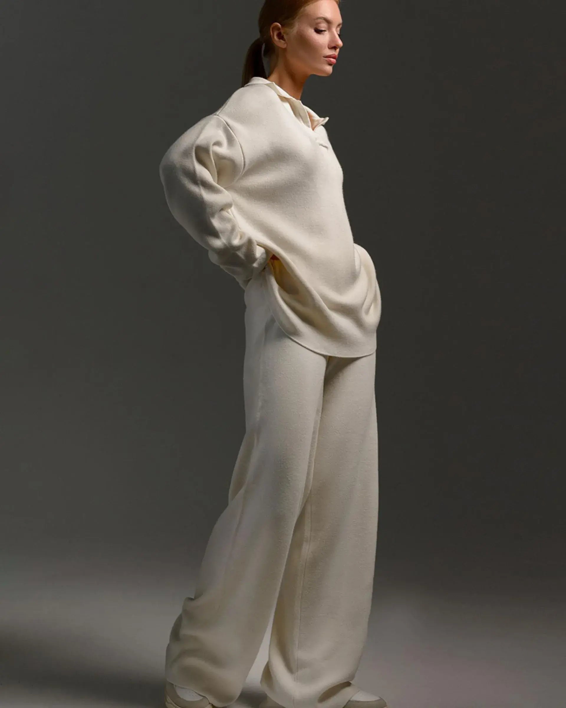 Polo Collar Knitted Sweater With Loos Pants