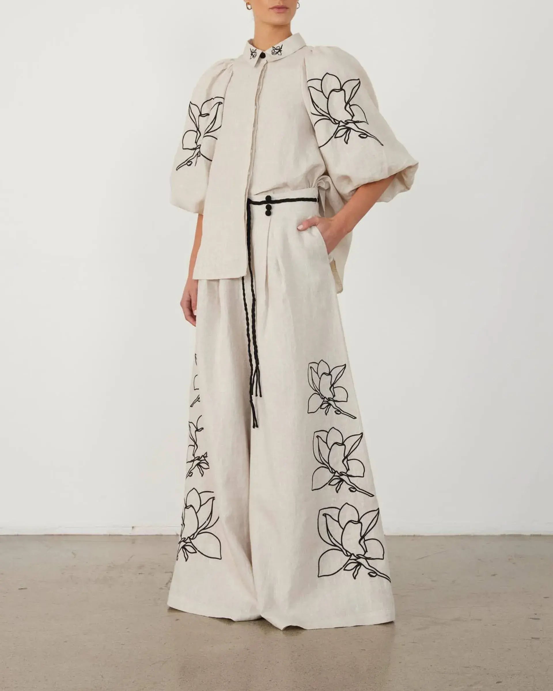 Wide Leg Pants Fashion Linen Embroidered
