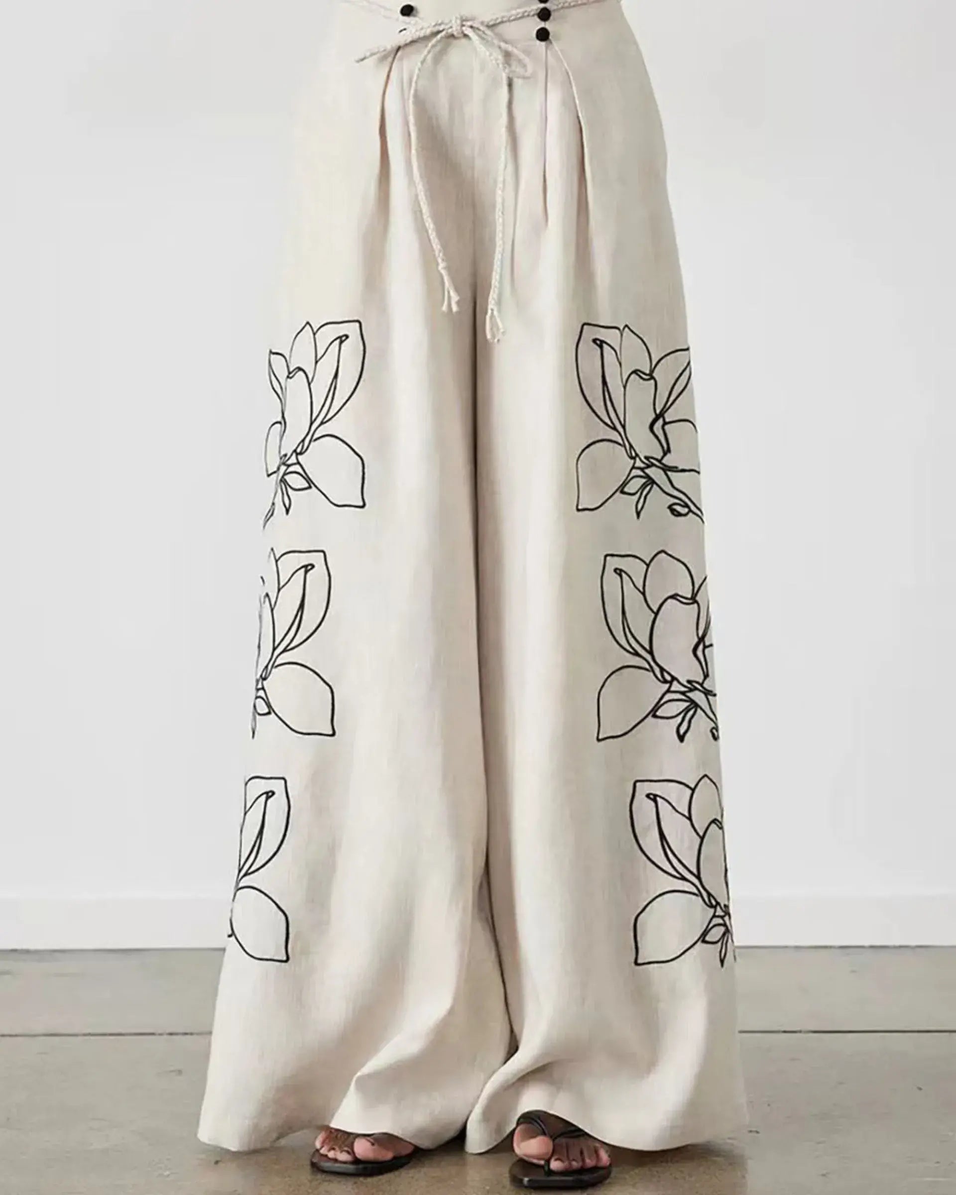 Wide Leg Pants Fashion Linen Embroidered