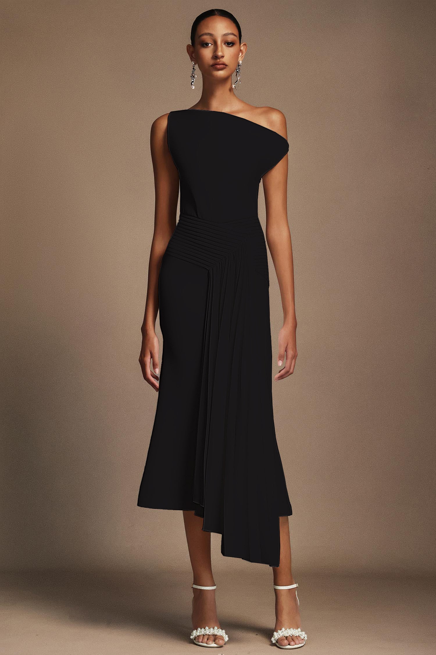 Adele Black Oblique Shoulder Sleeveless Folds Midi Dress