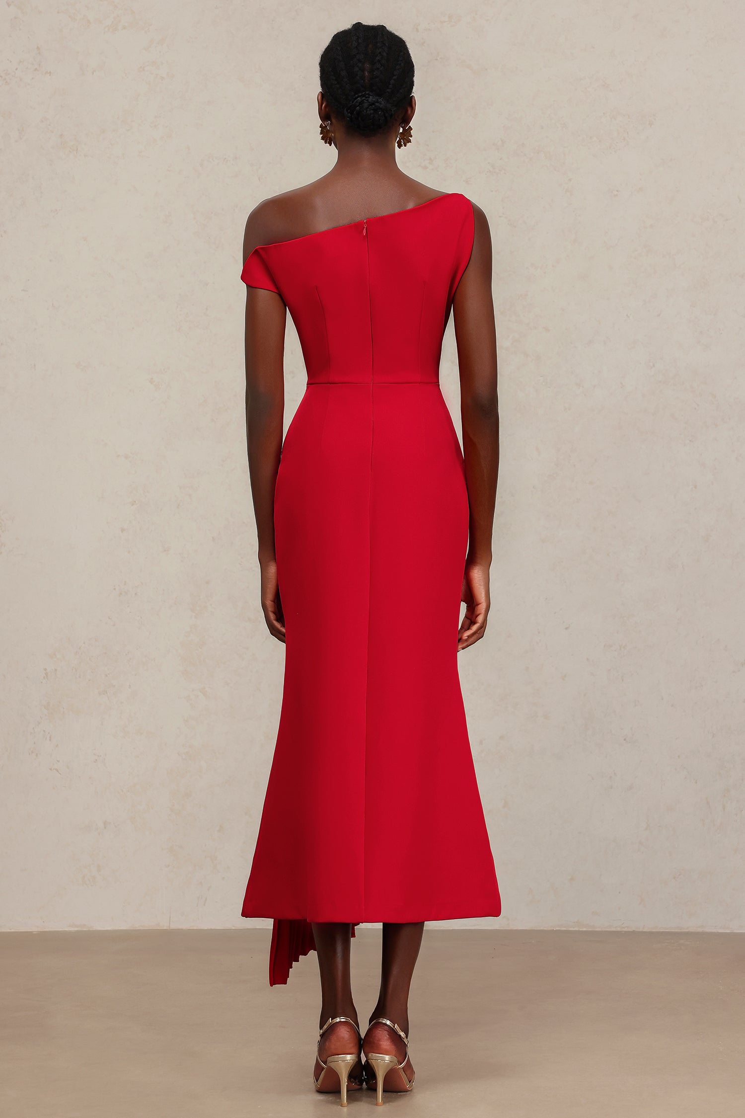 Adele Red Oblique Shoulder Sleeveless Folds Midi