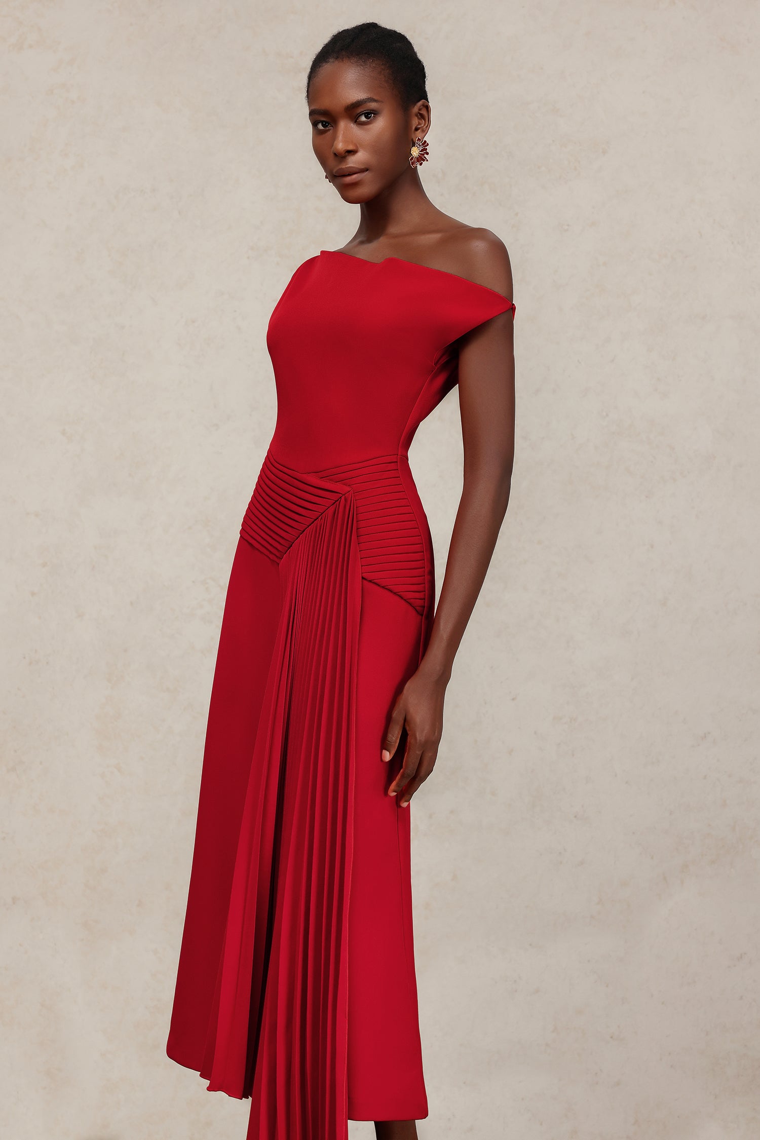 Adele Red Oblique Shoulder Sleeveless Folds Midi
