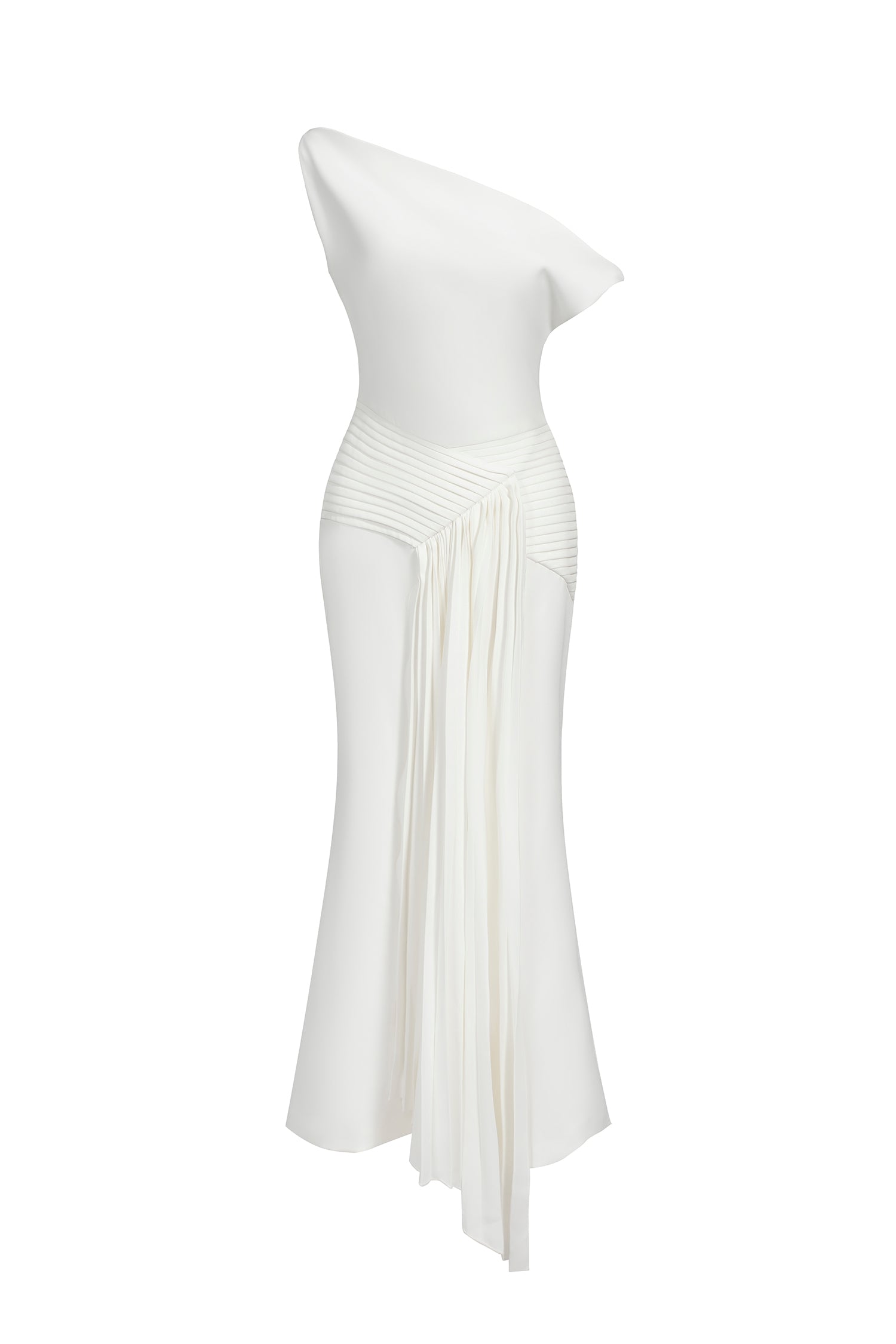 Adele White Oblique Shoulder Sleeveless Folds Midi Dress