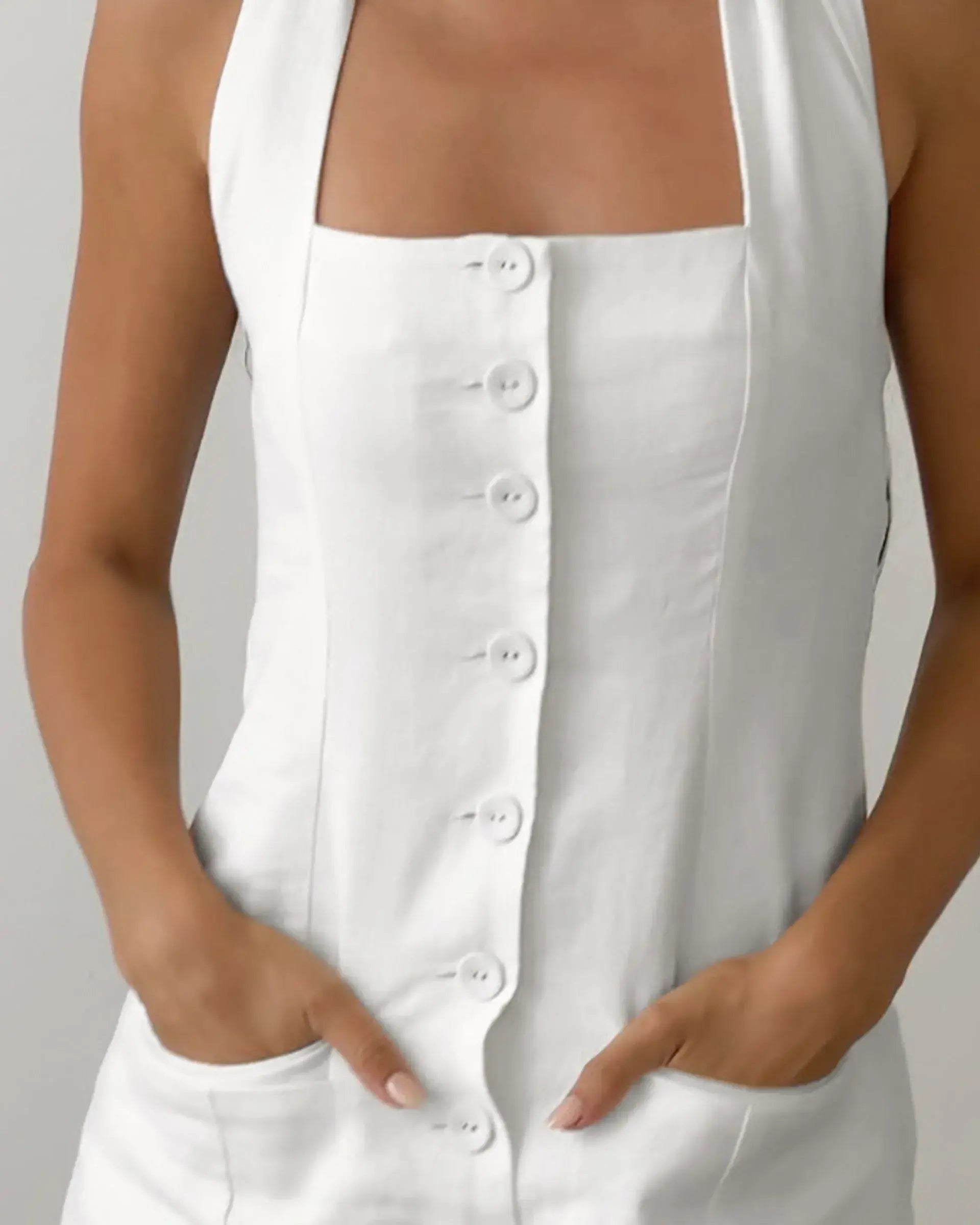 Cotton Backless Halter Dress – Button Front Summer Beach Maxi