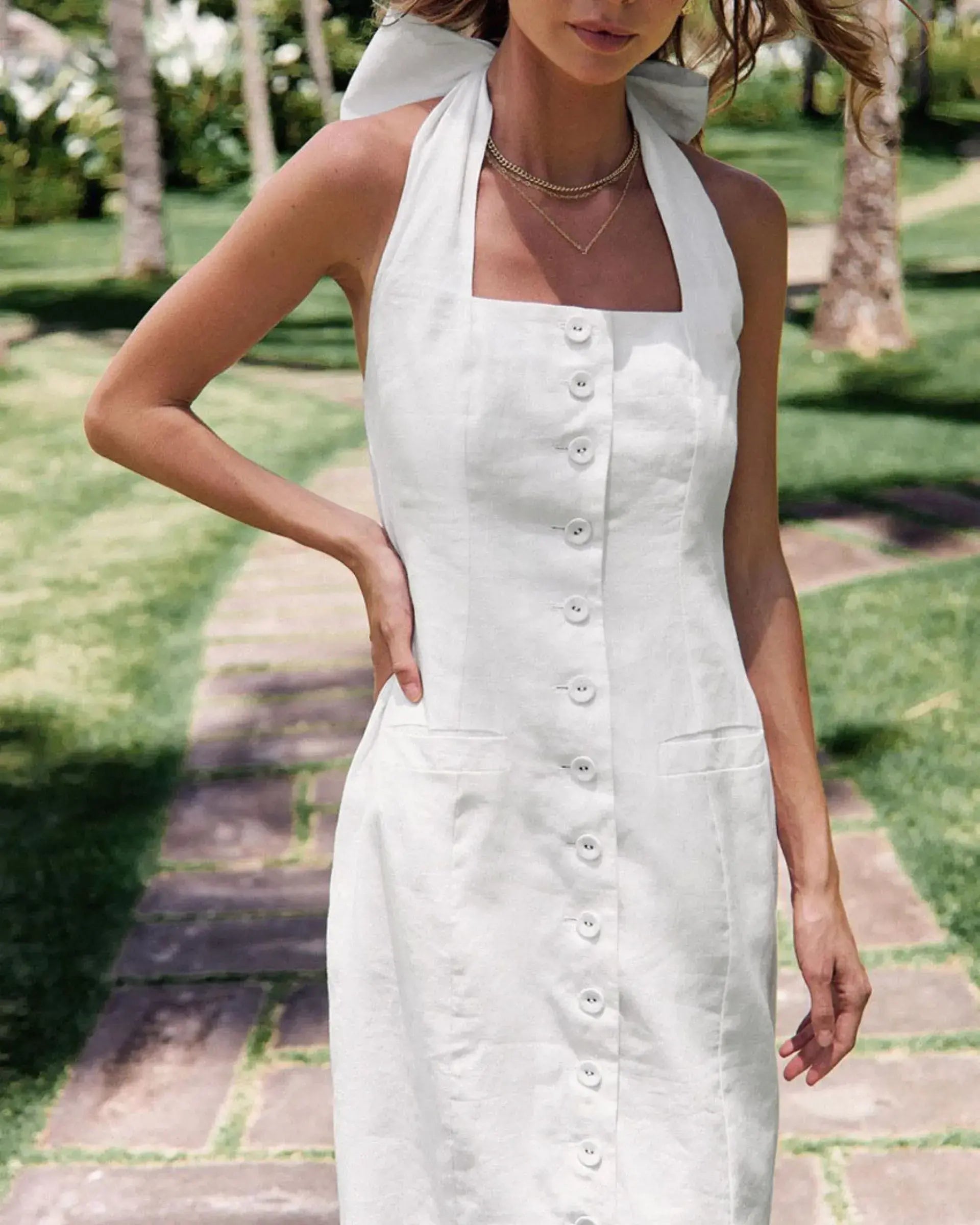 Cotton Backless Halter Dress – Button Front Summer Beach Maxi