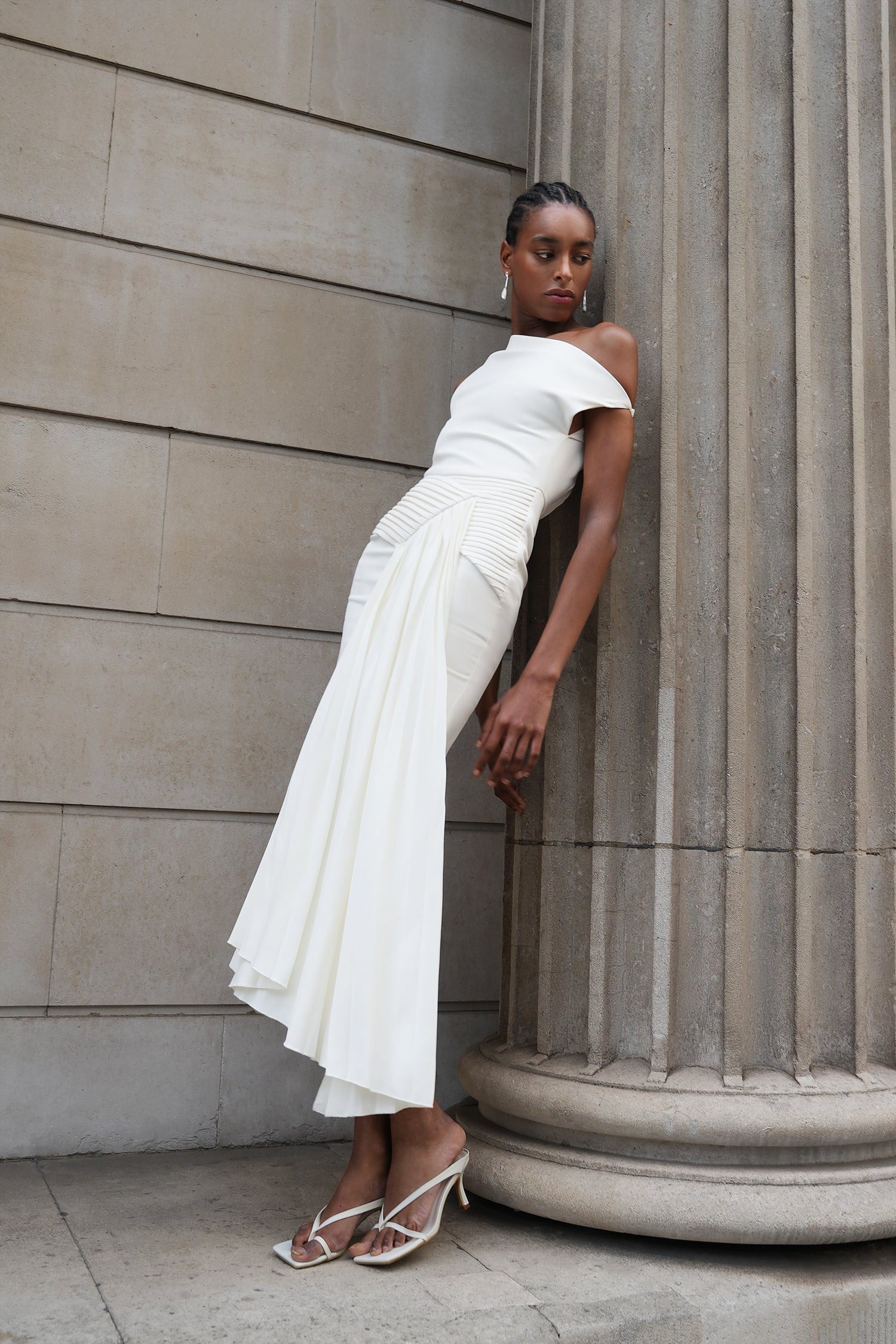 Adele White Oblique Shoulder Sleeveless Folds Midi Dress