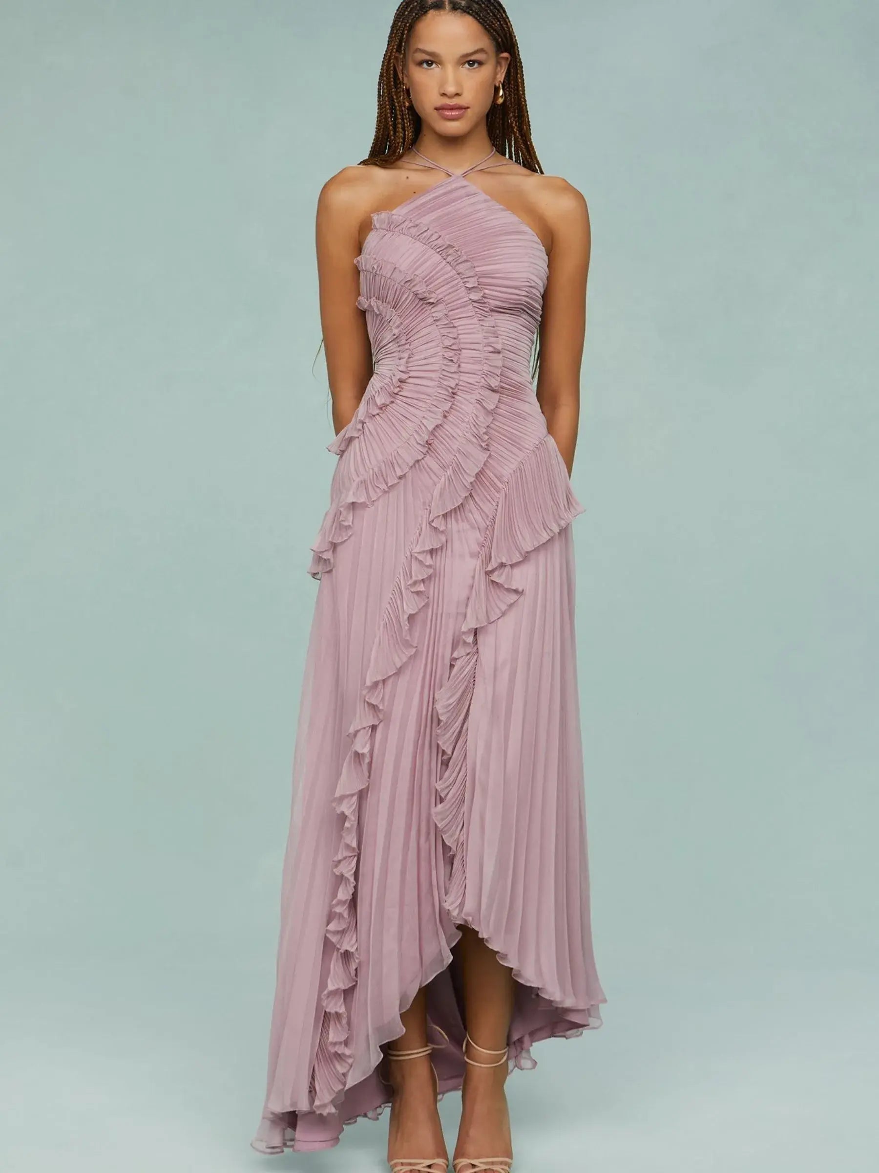 Serena - Frill Halter Neck Midi Dress