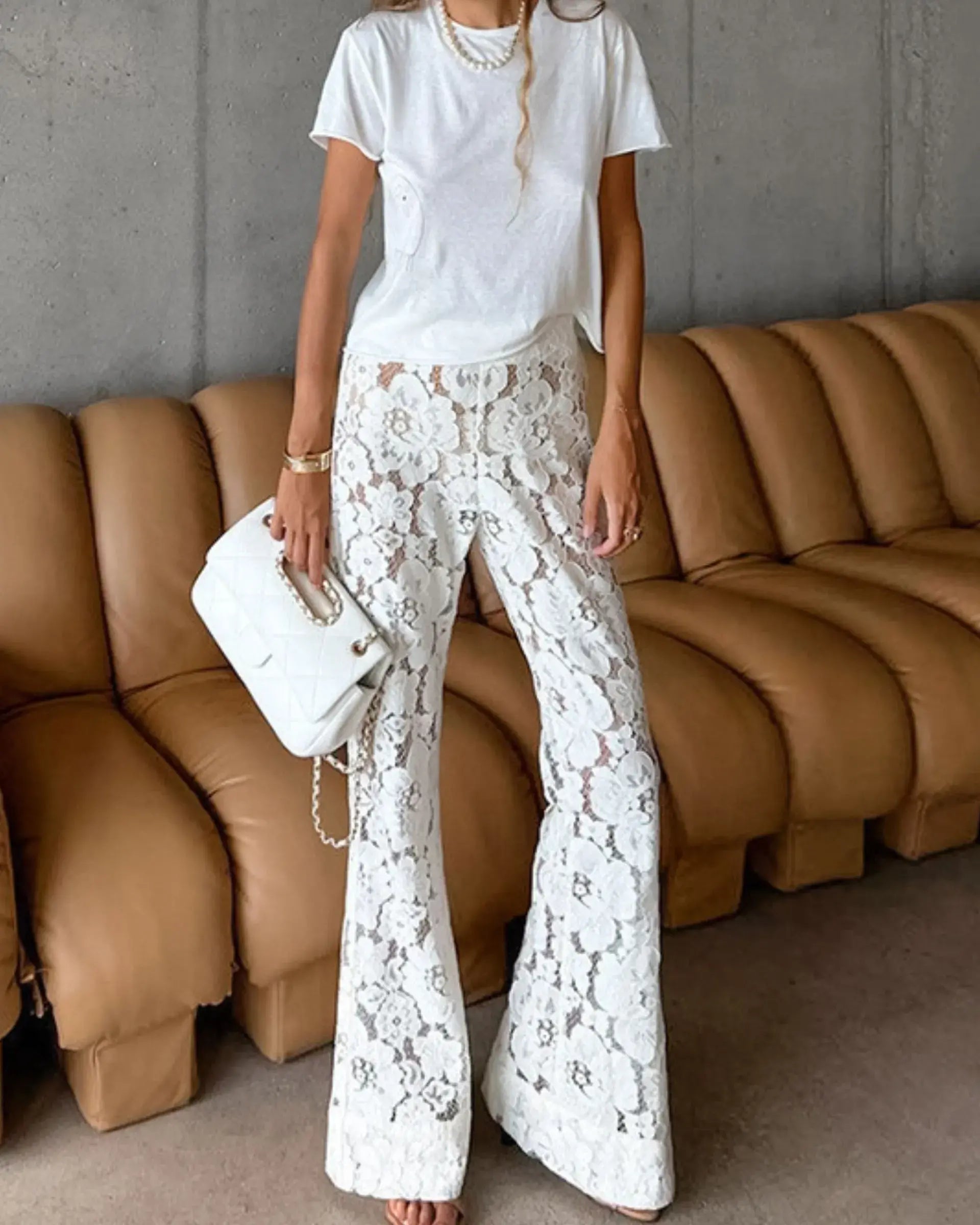 Slim Flared Pants with Floral Jacquard Lace Details