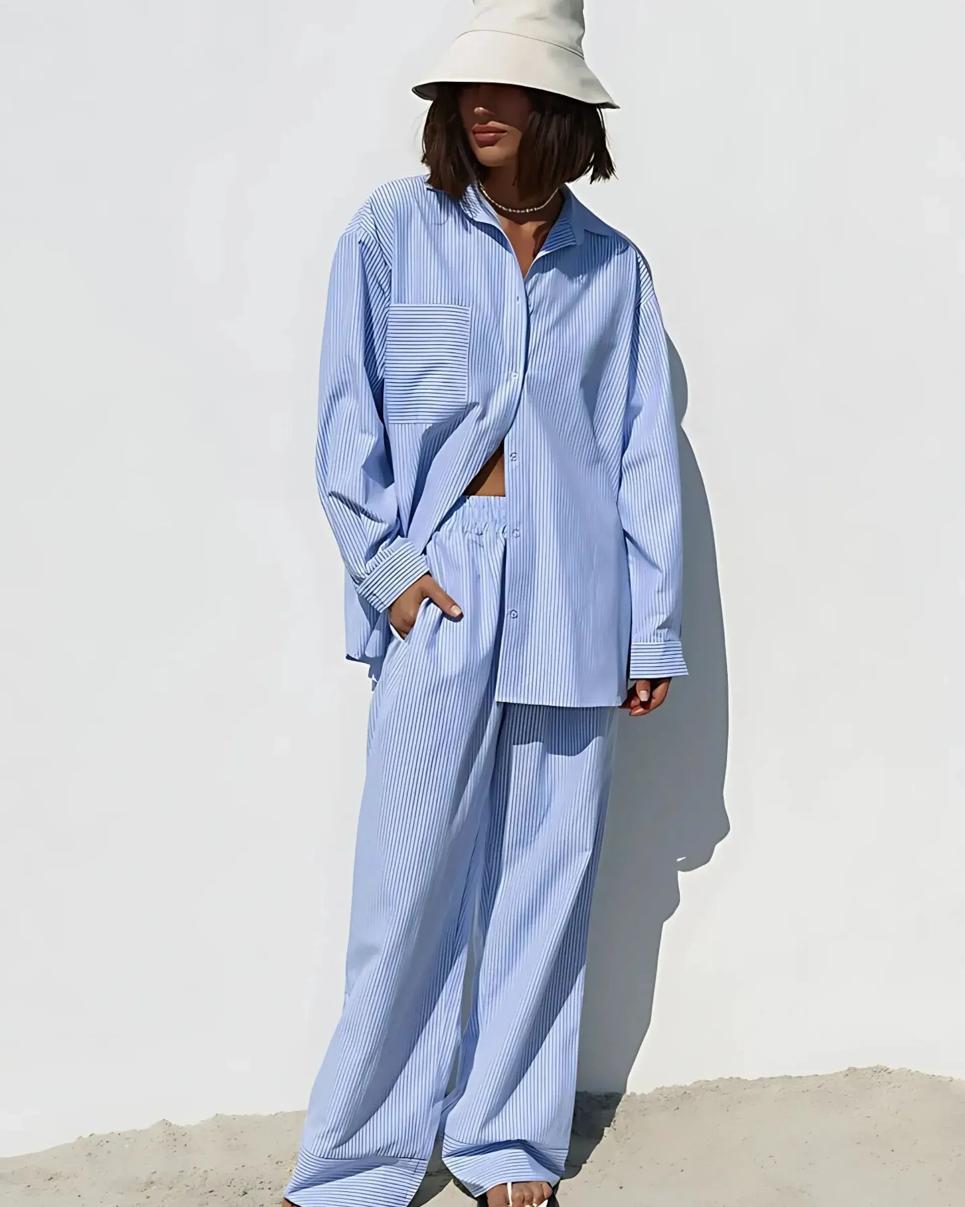 Striped Two-Piece Lounge Set – Oversized Button-Up Shirt & Wide Leg Pants for Women