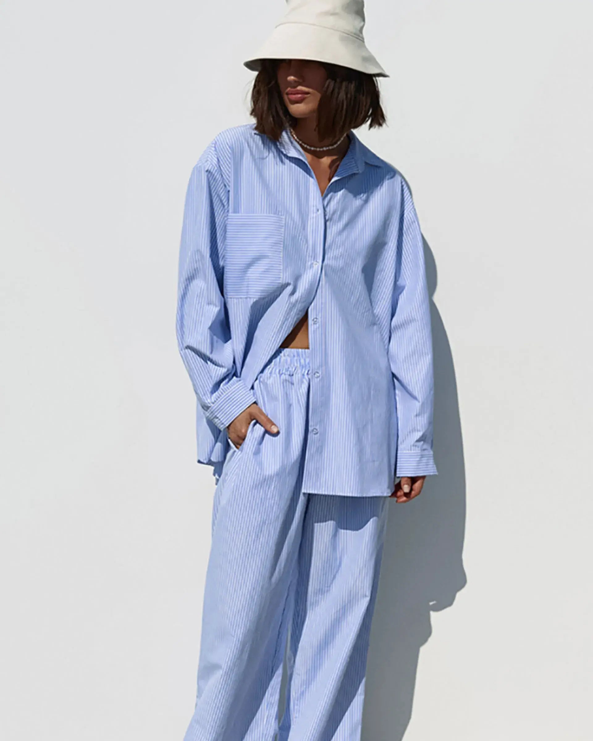 Striped Two-Piece Lounge Set – Oversized Button-Up Shirt & Wide Leg Pants for Women