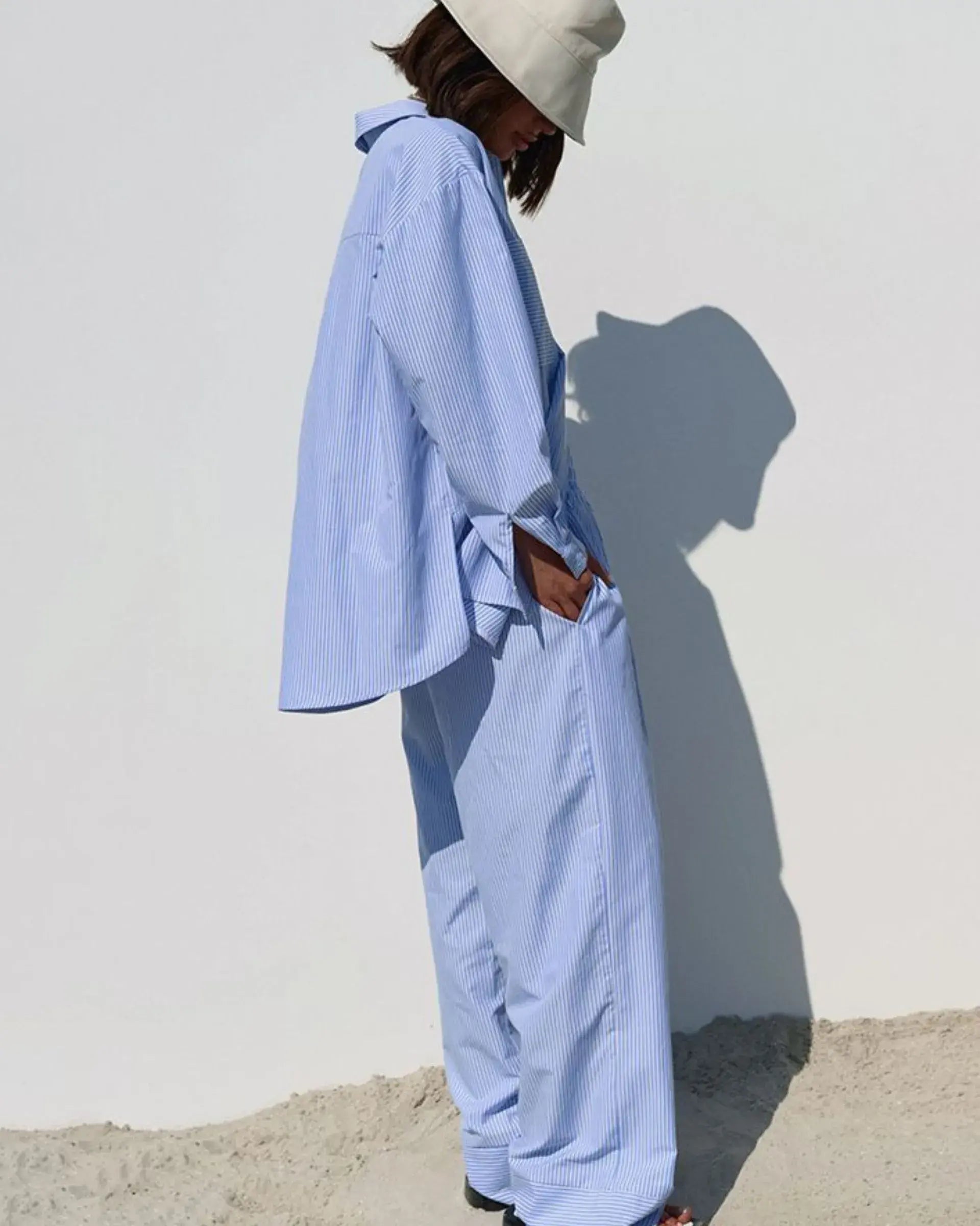 Striped Two-Piece Lounge Set – Oversized Button-Up Shirt & Wide Leg Pants for Women