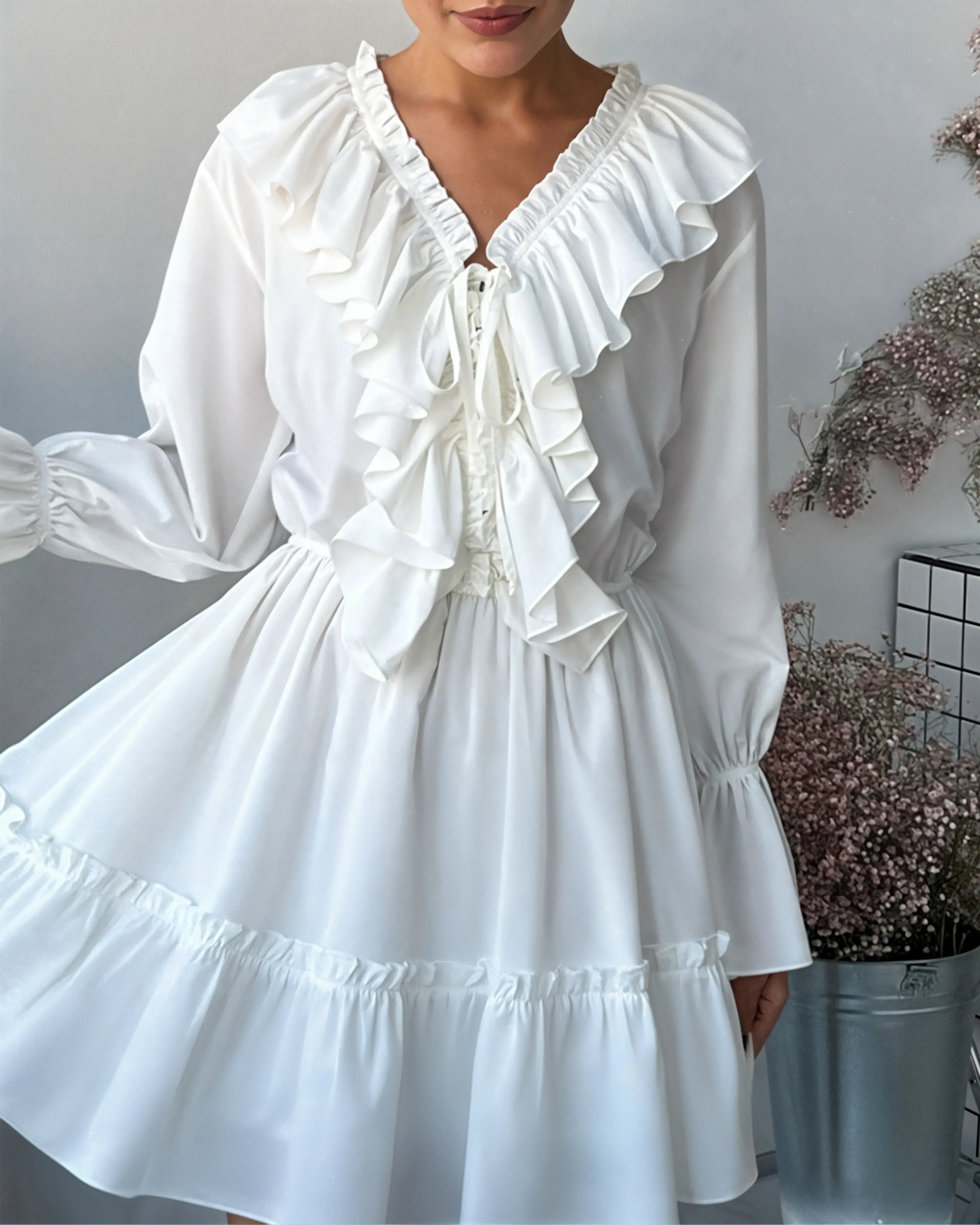 Ruffle Long Sleeve Chiffon Dress