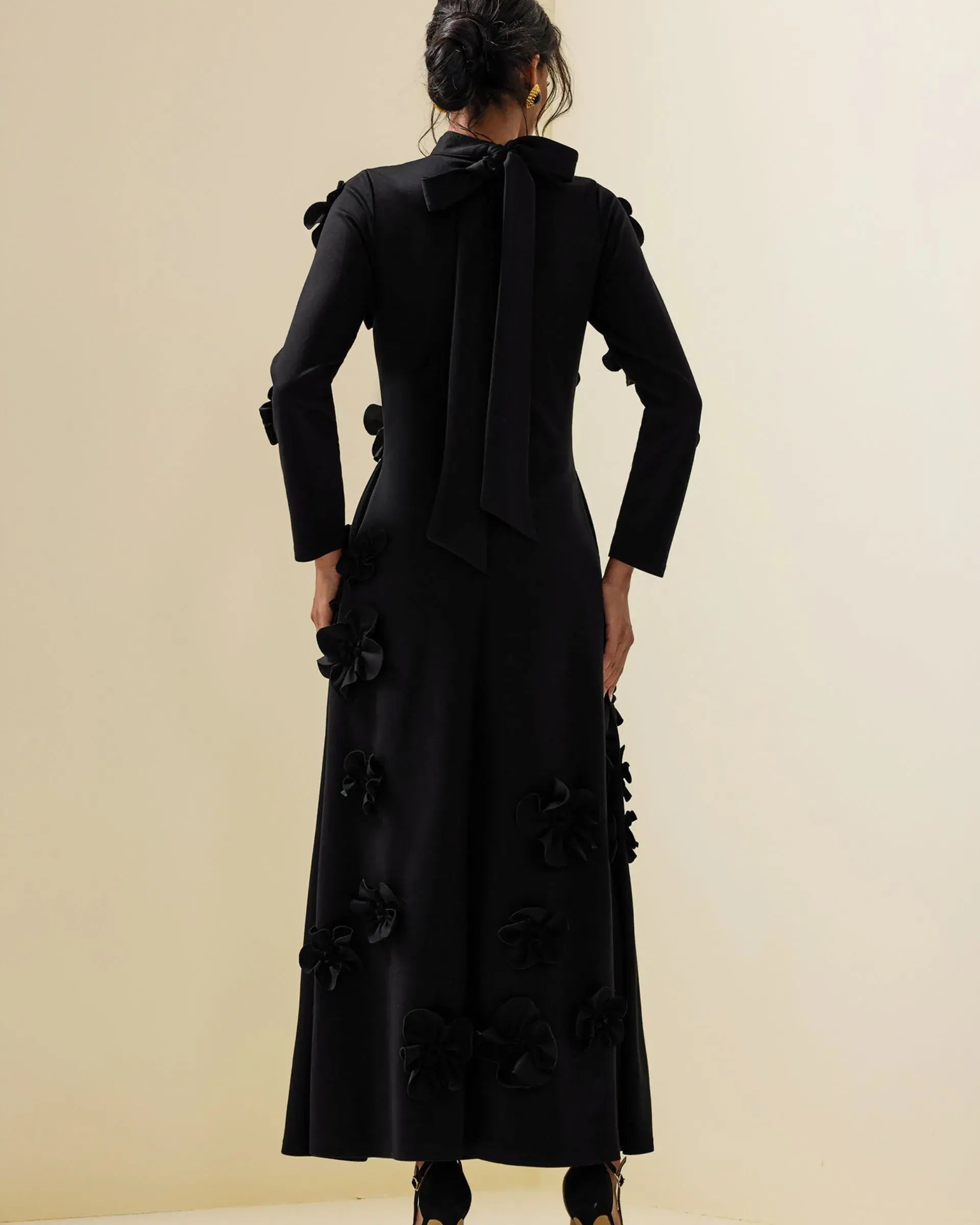 3D Flower Stand Collar Long Sleeve Dress