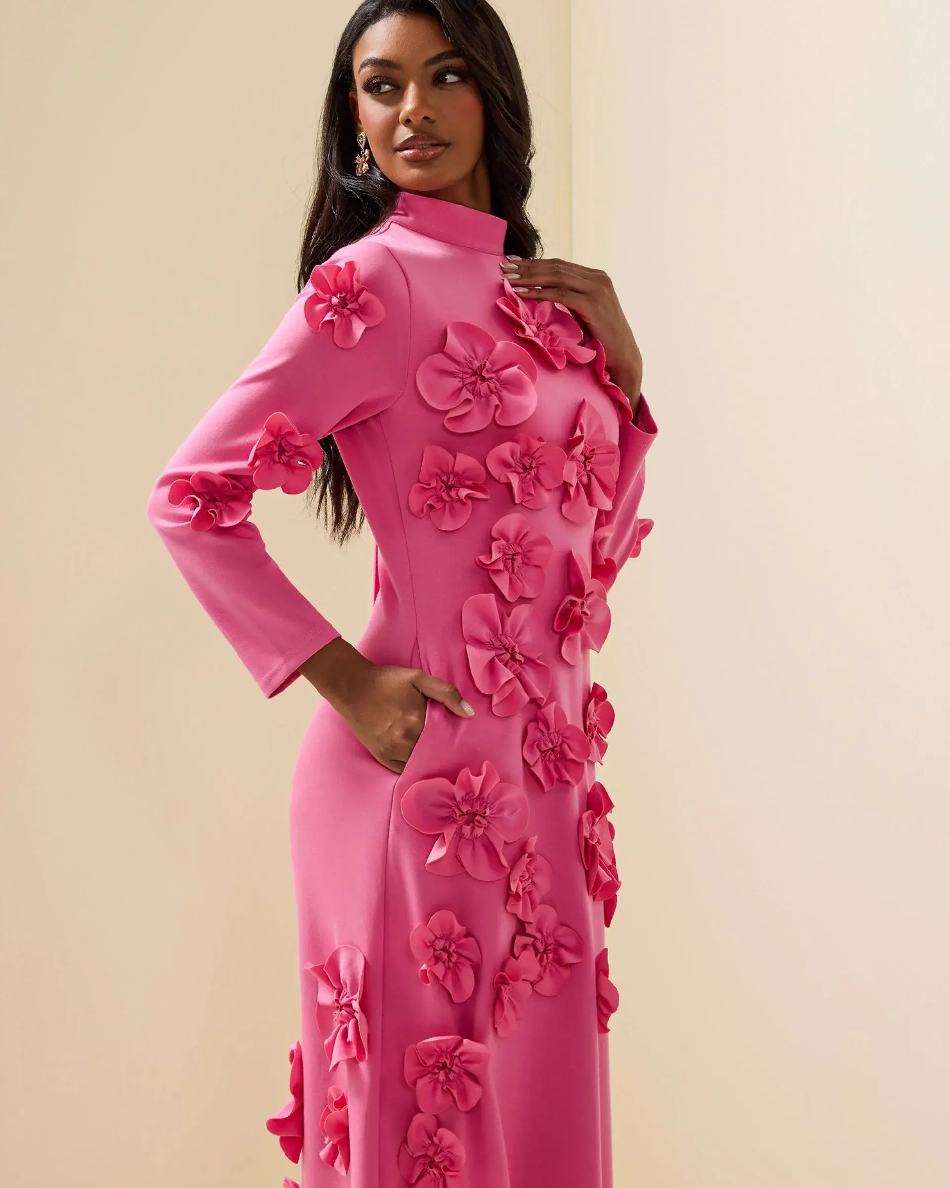 3D Flower Stand Collar Long Sleeve Dress