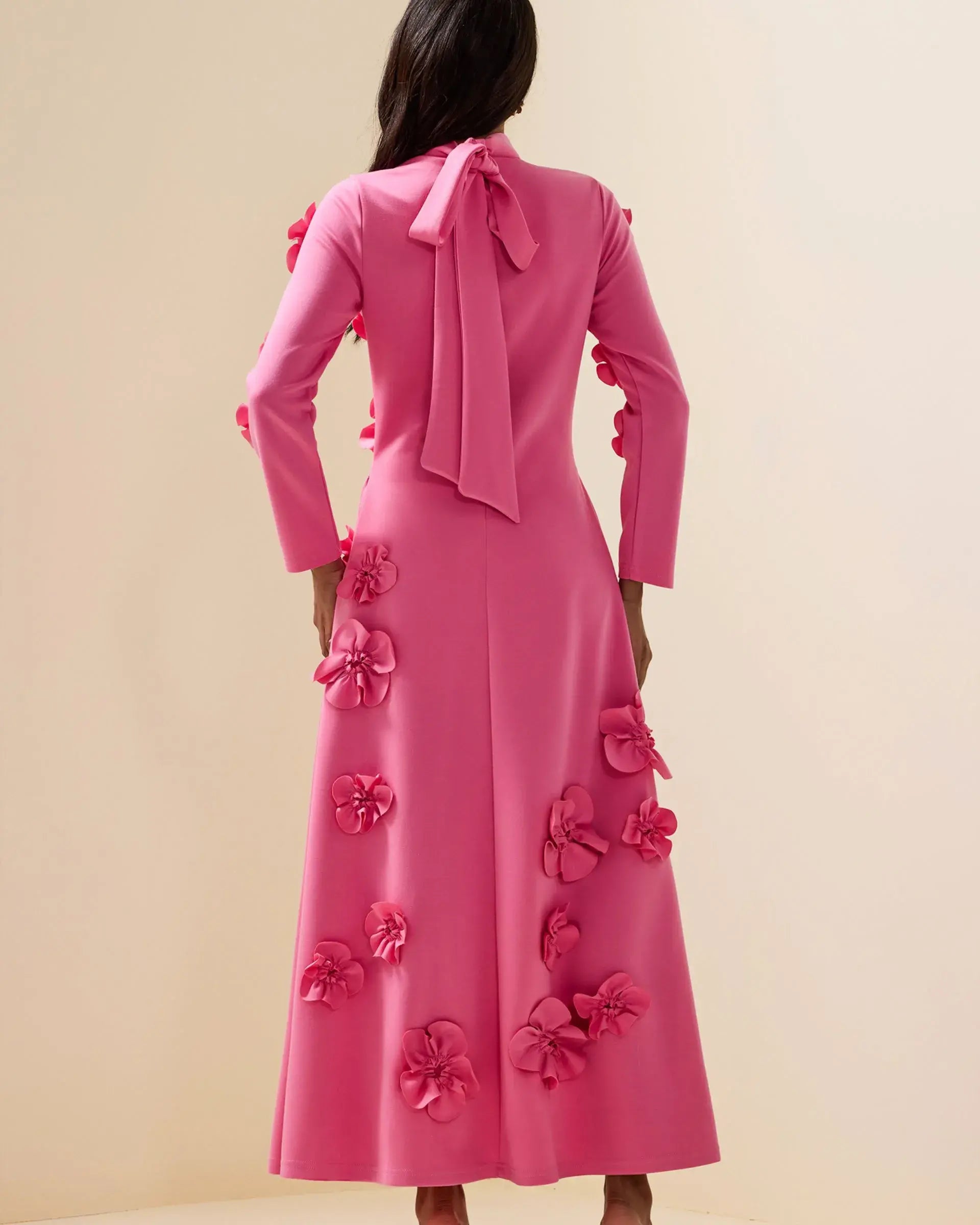 3D Flower Stand Collar Long Sleeve Dress