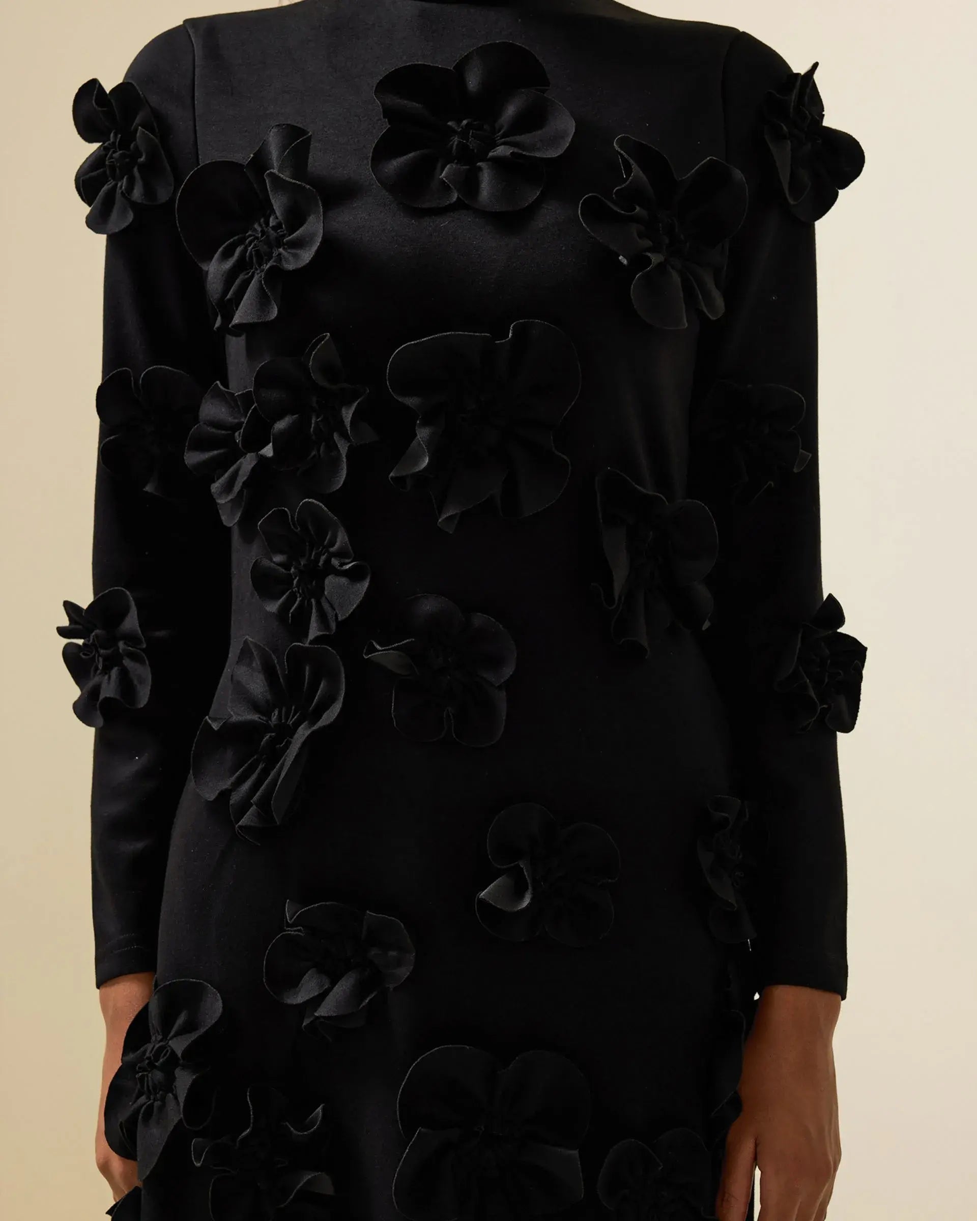 3D Flower Stand Collar Long Sleeve Dress