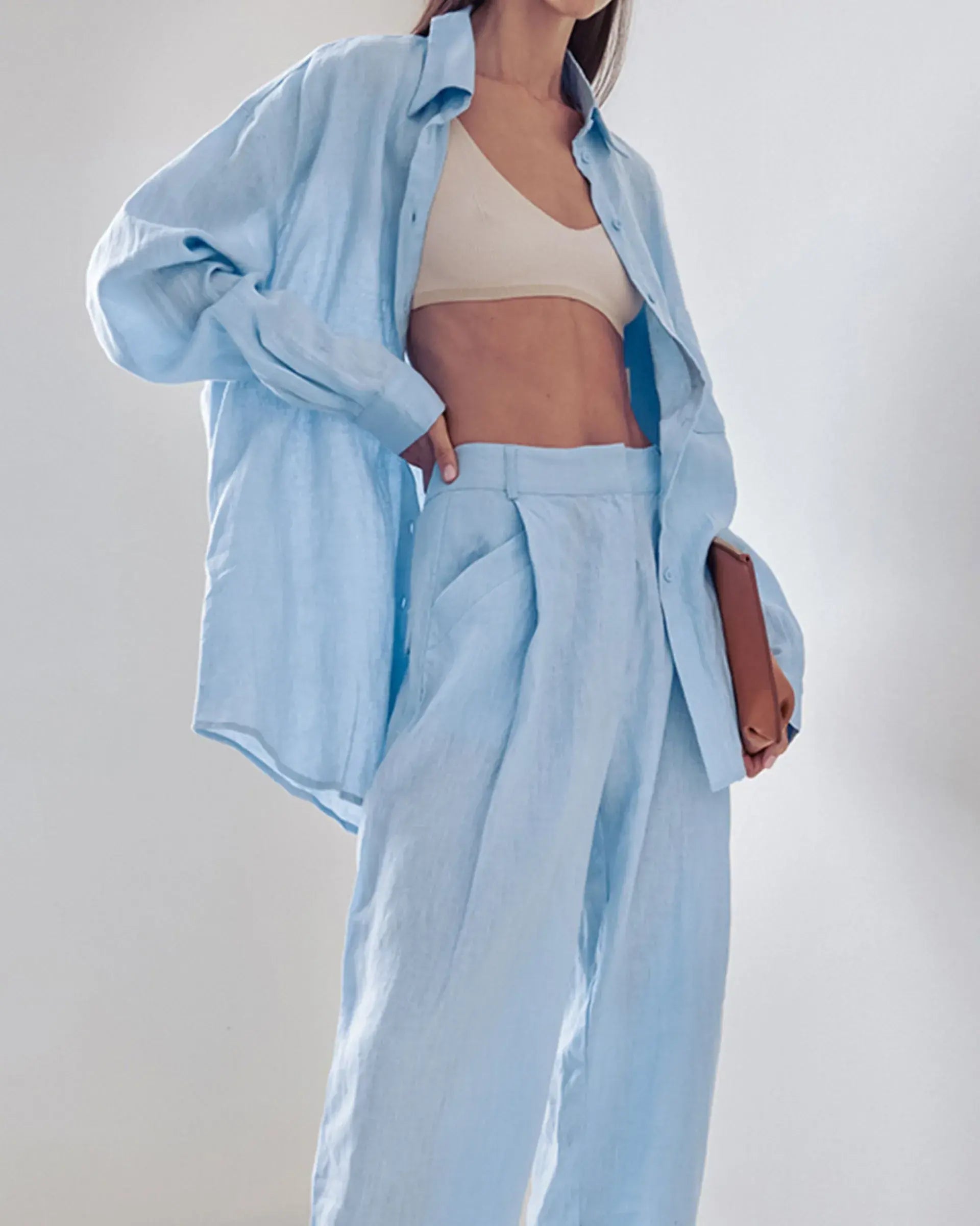 2-Piece Cotton Set – Blue Long Sleeve Shirt & Pants with Pockets for Streetwear & Vacation Outfit