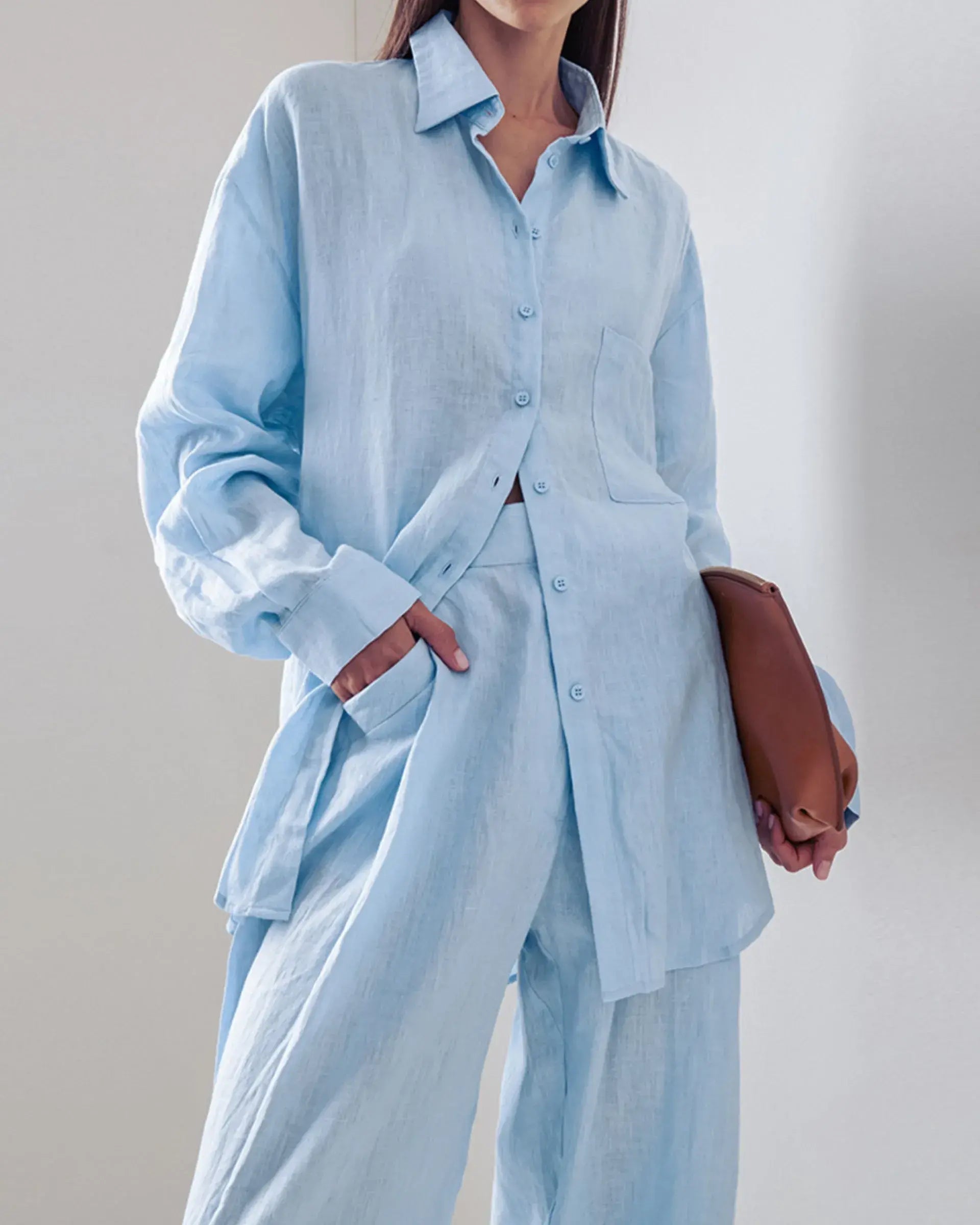 2-Piece Cotton Set – Blue Long Sleeve Shirt & Pants with Pockets for Streetwear & Vacation Outfit