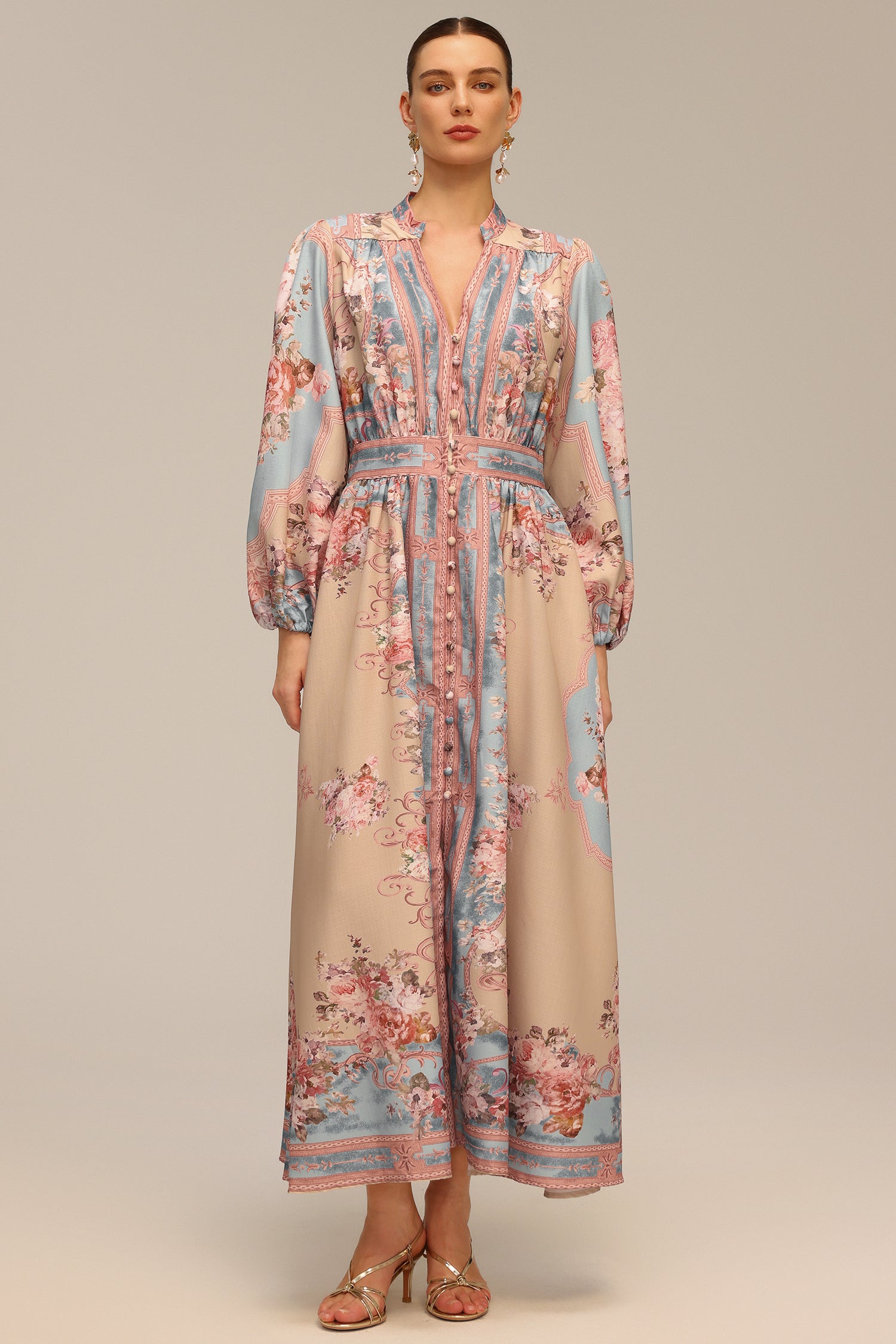 Dorte Blue Long Sleeve Floral Printed Maxi Dress