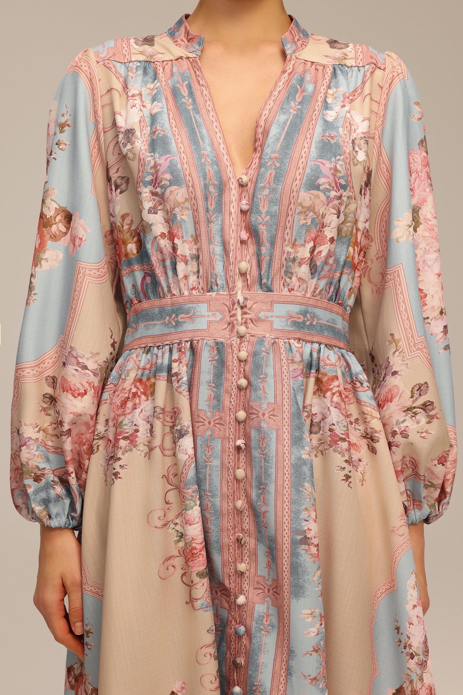 Dorte Blue Long Sleeve Floral Printed Maxi Dress