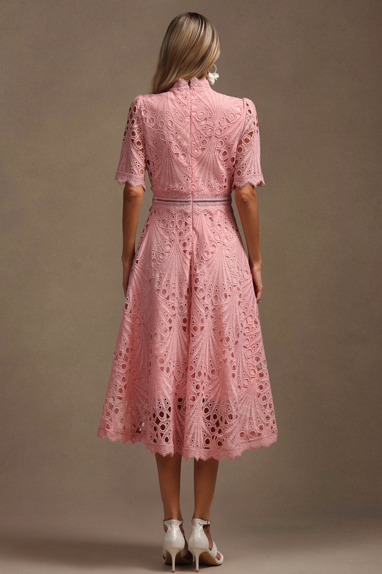 Suzette Short Sleeves Lace Hollow Out Midi Dress