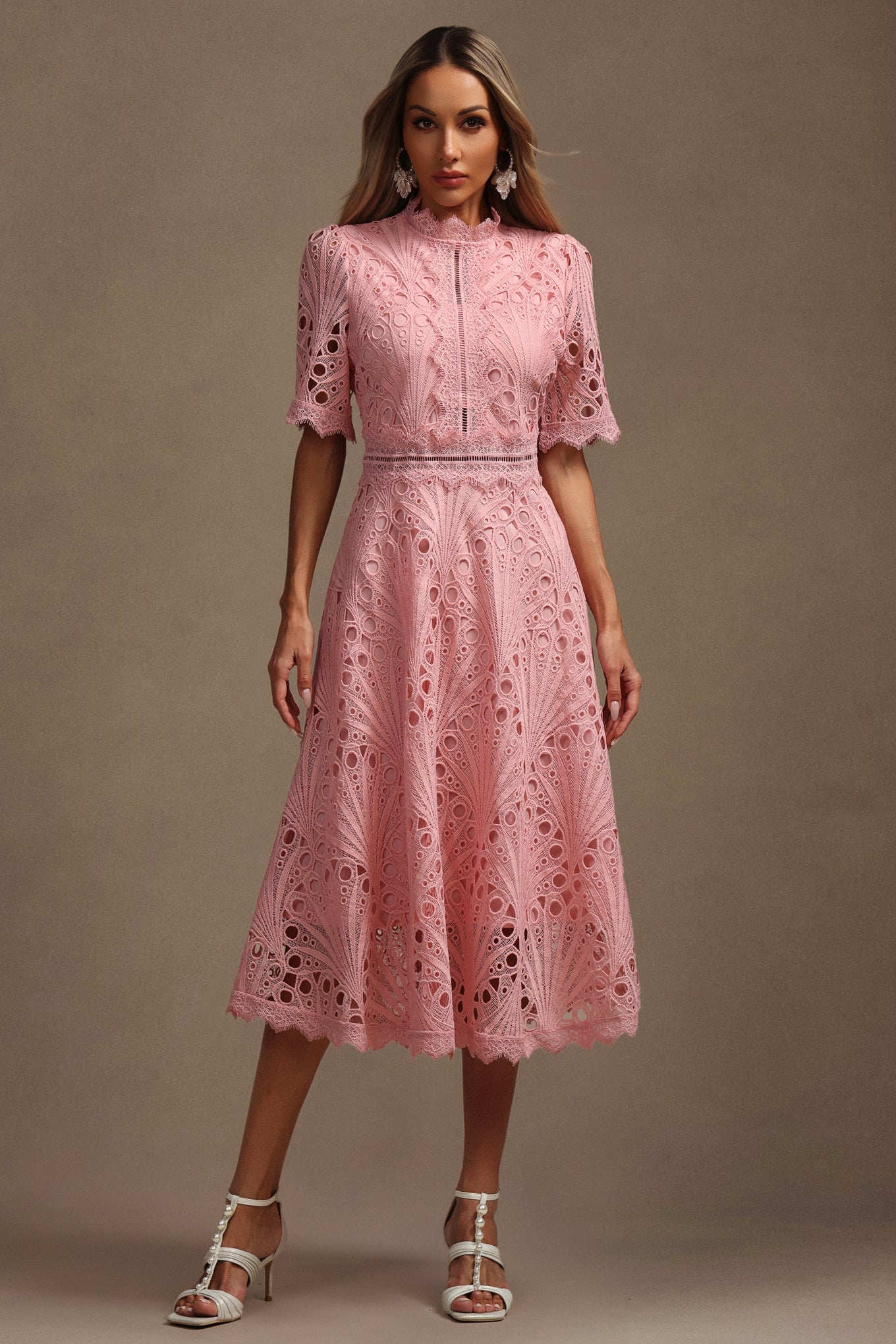 Suzette Short Sleeves Lace Hollow Out Midi Dress