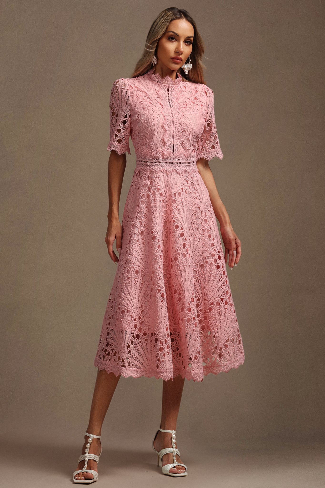 Suzette Short Sleeves Lace Hollow Out Midi Dress