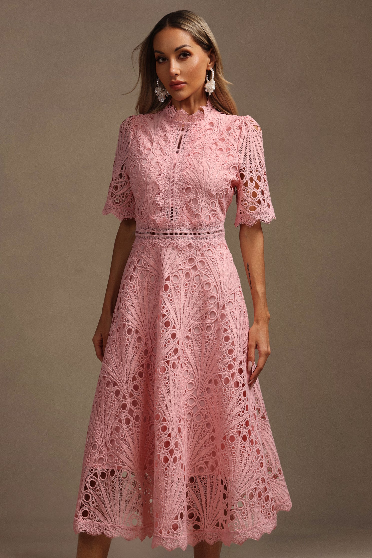 Suzette Short Sleeves Lace Hollow Out Midi Dress