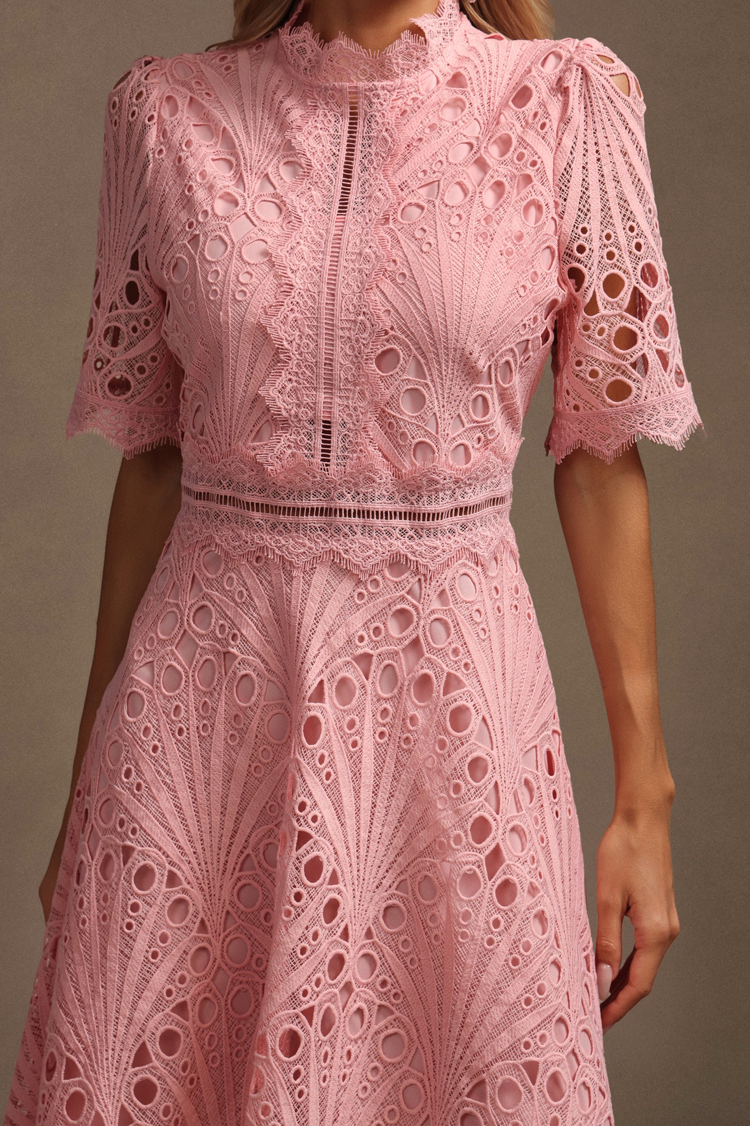 Suzette Short Sleeves Lace Hollow Out Midi Dress