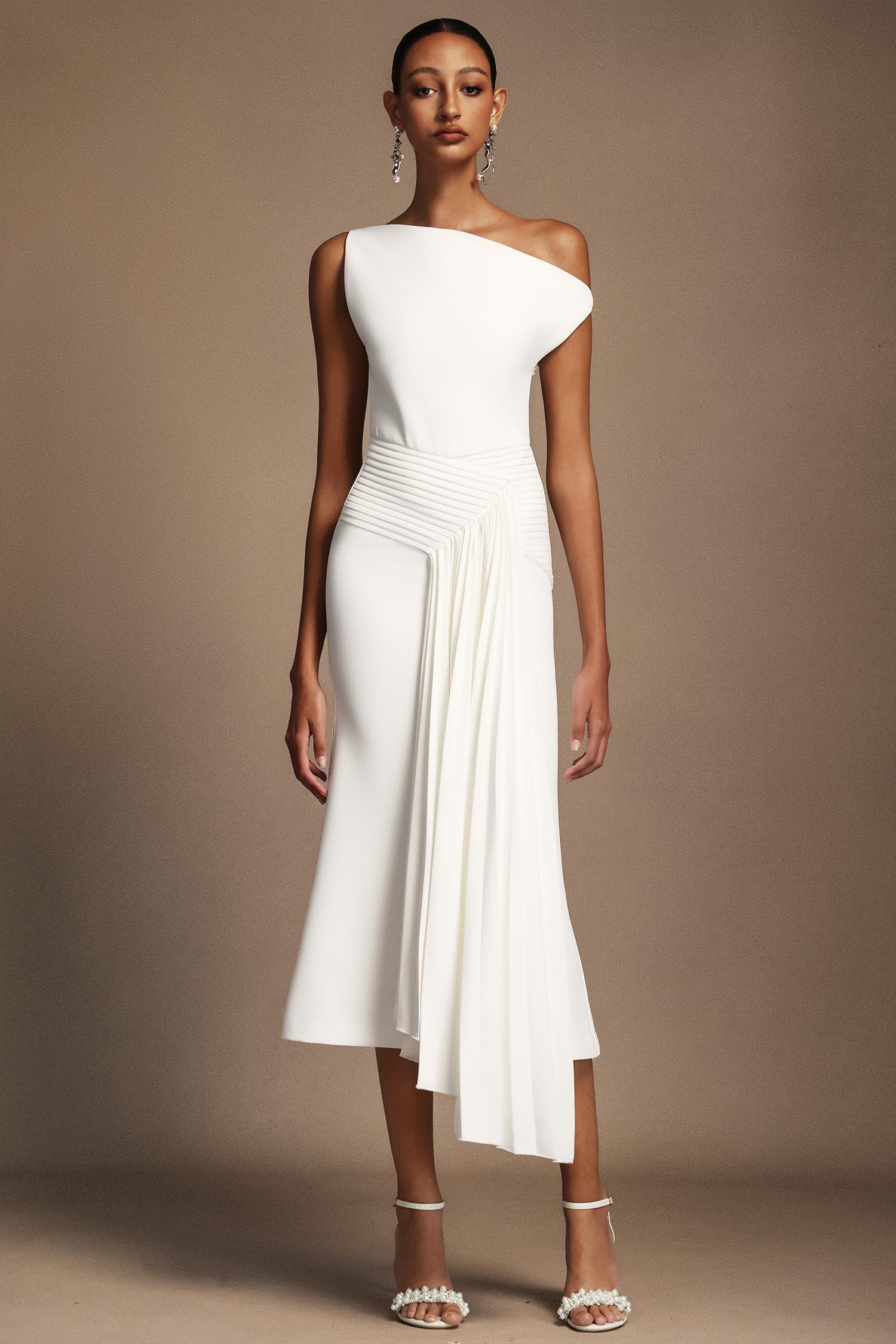 Adele White Oblique Shoulder Sleeveless Folds Midi Dress