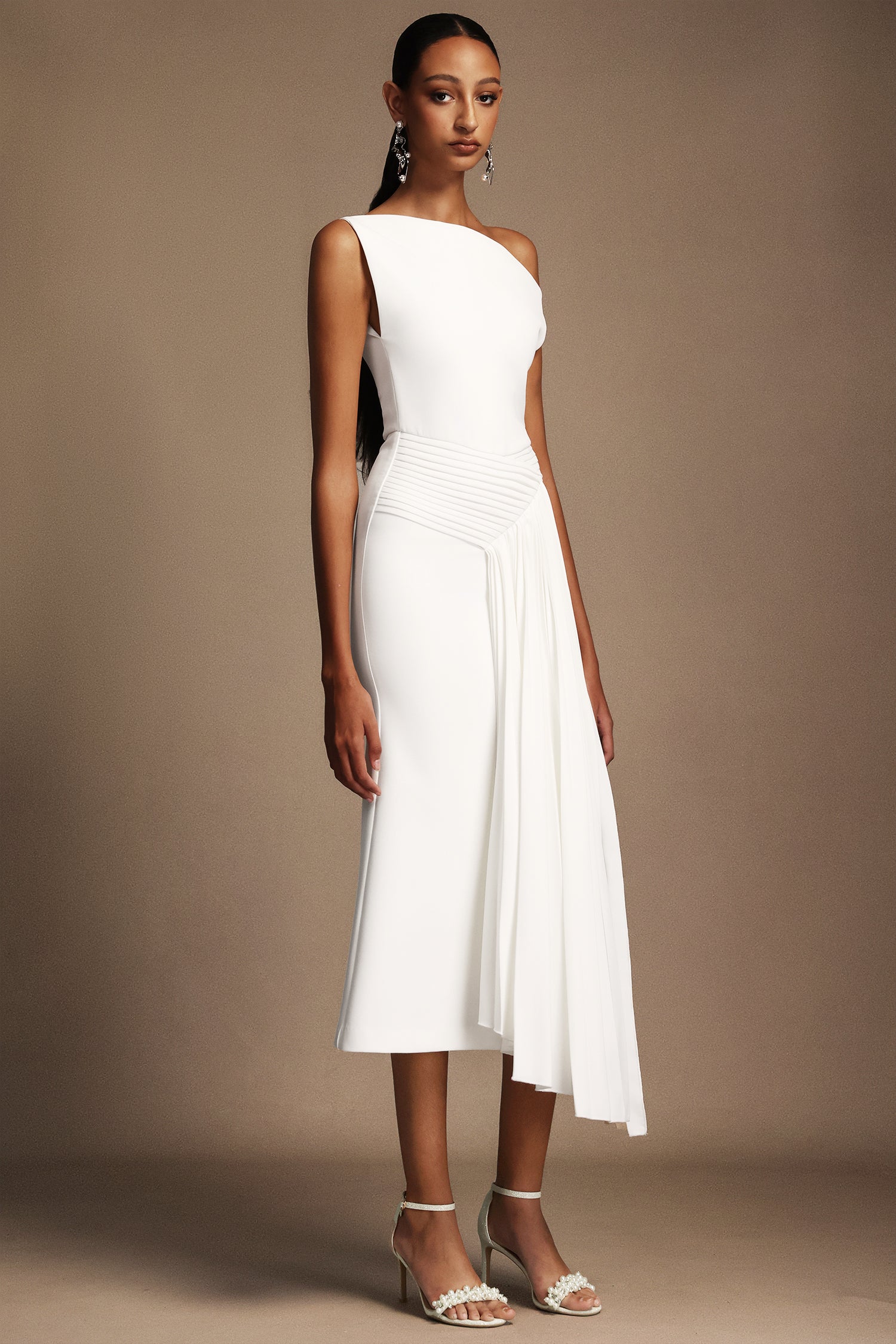 Adele White Oblique Shoulder Sleeveless Folds Midi Dress
