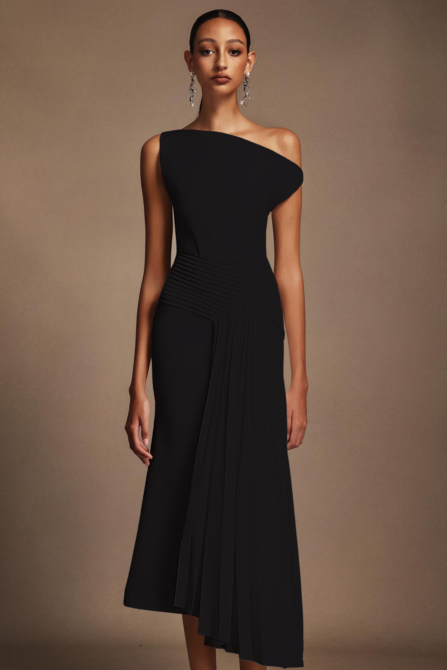 Adele Black Oblique Shoulder Sleeveless Folds Midi Dress