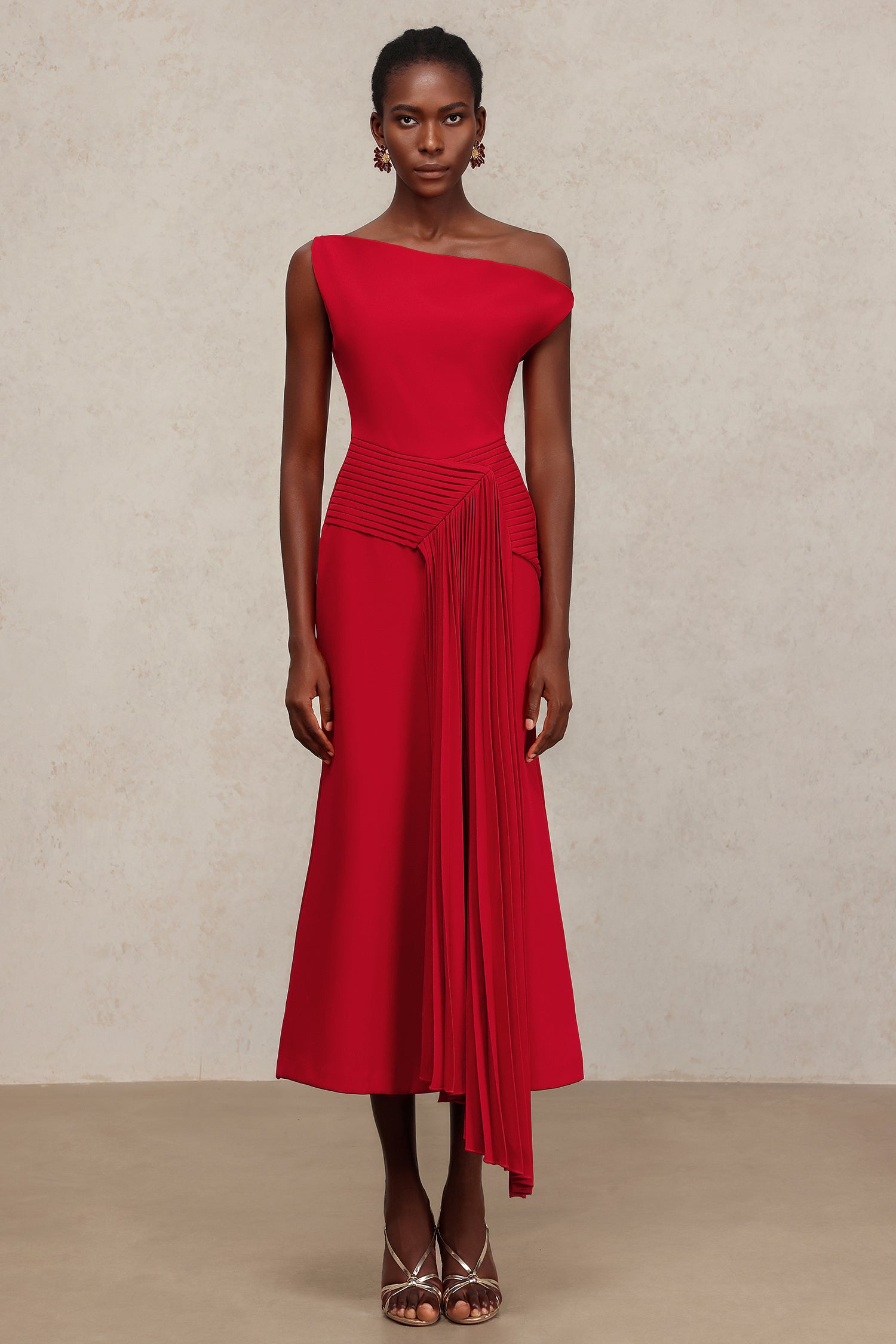 Adele Red Oblique Shoulder Sleeveless Folds Midi