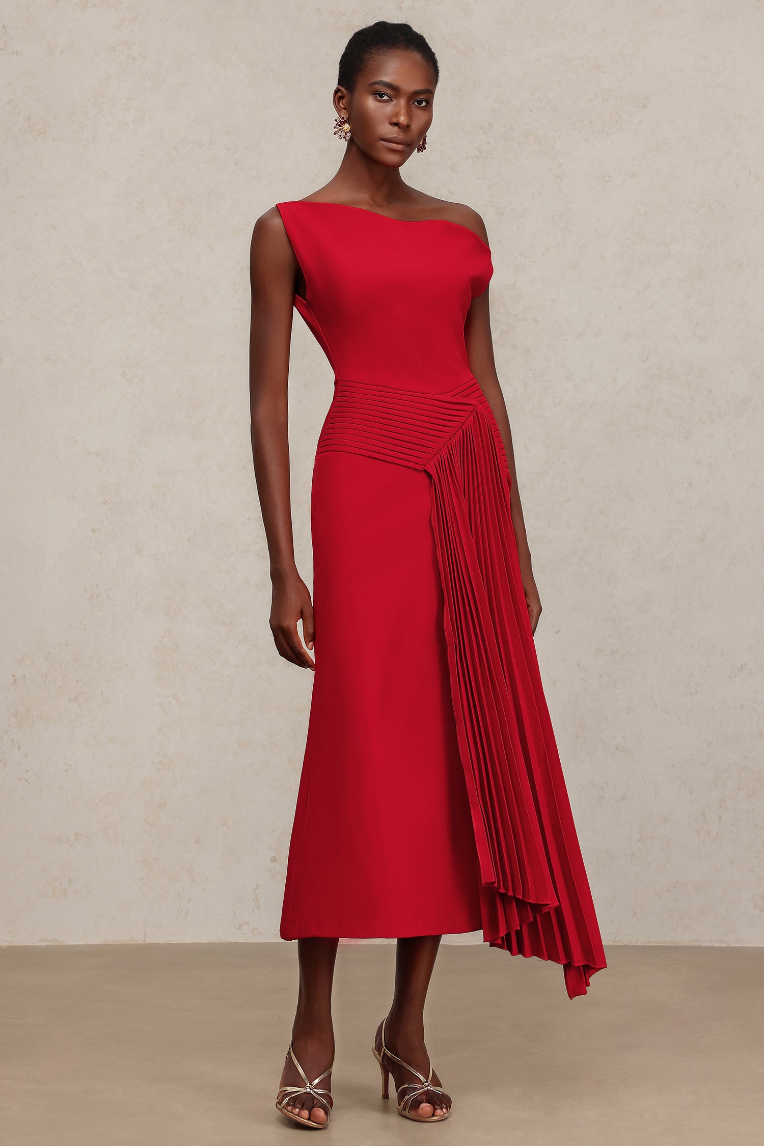 Adele Red Oblique Shoulder Sleeveless Folds Midi