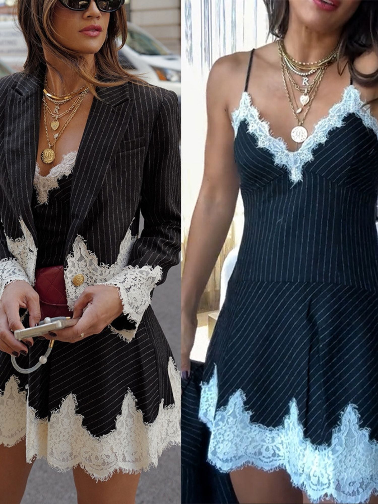 Juliette Lace Trim Lapel Blazer two-Piece Set