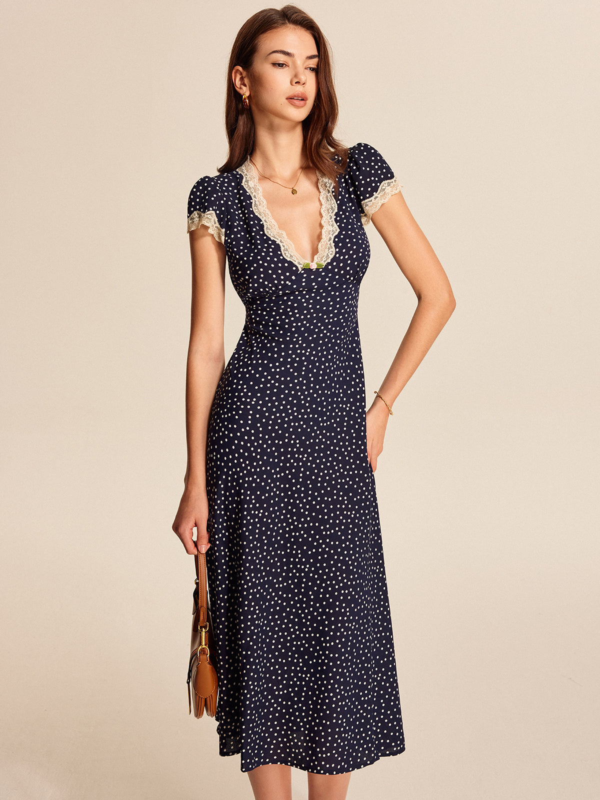 French Polka Dot Dress with Lace Trim