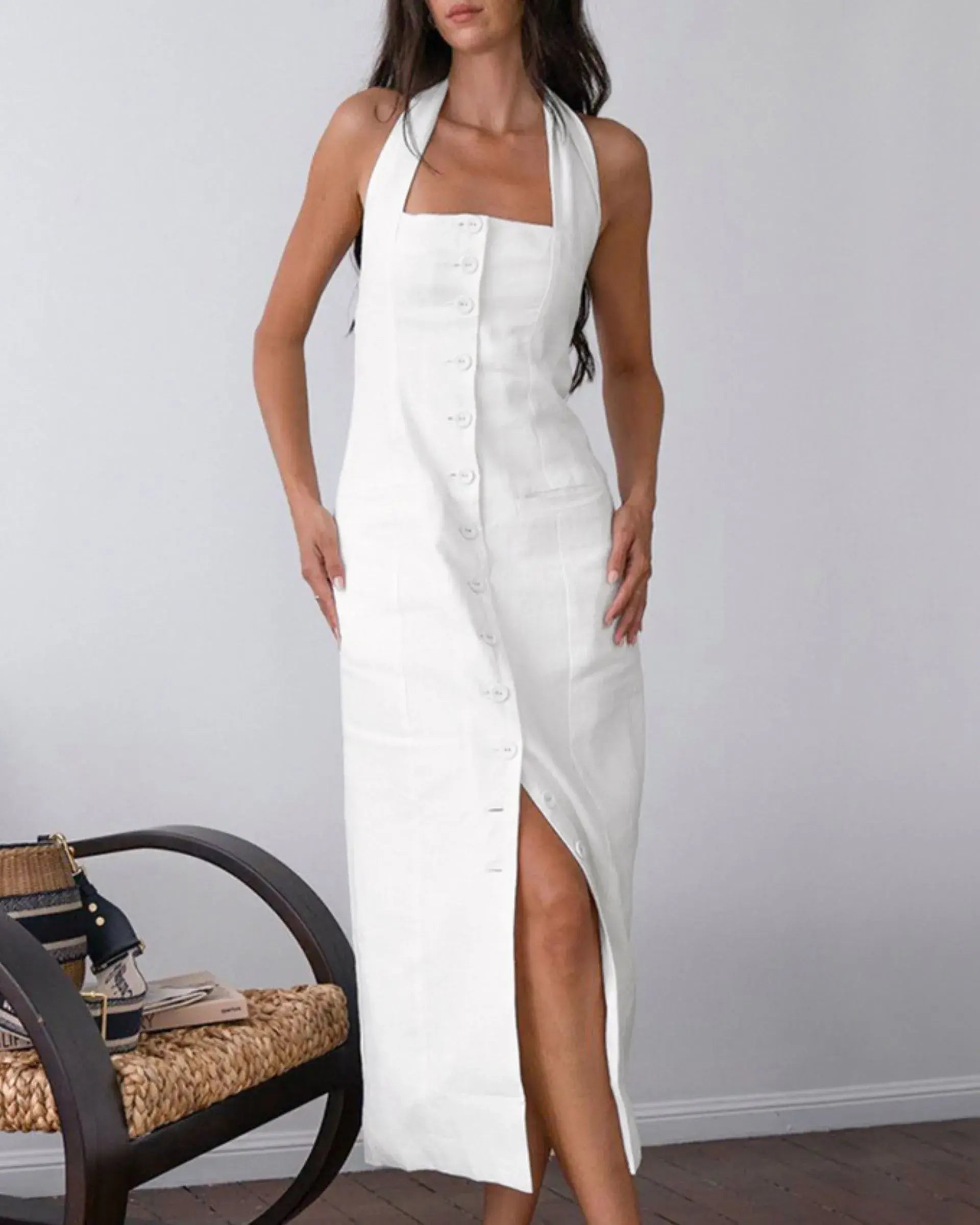 Cotton Backless Halter Dress – Button Front Summer Beach Maxi