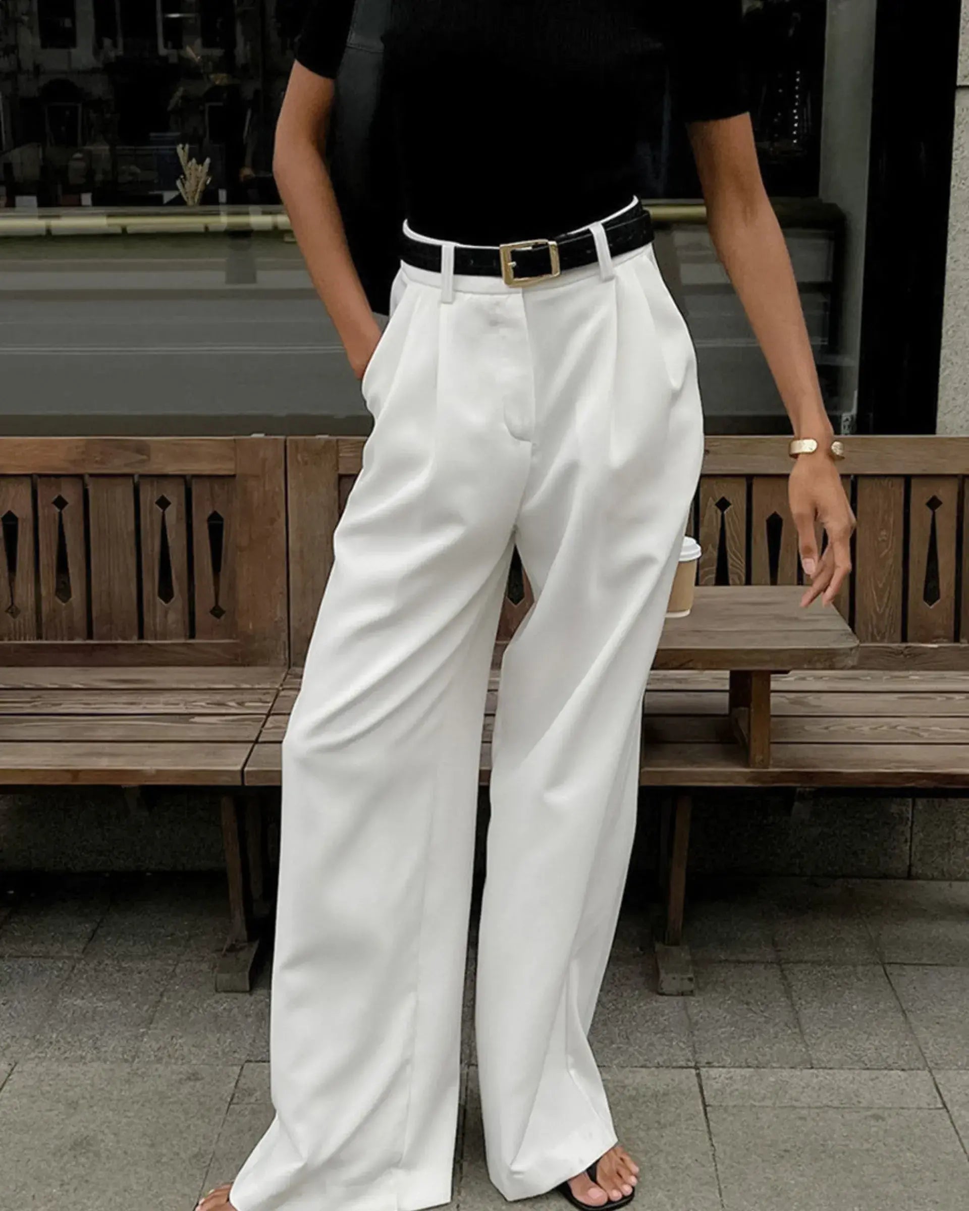 High-Waisted White Trousers with Wide-Leg Fit