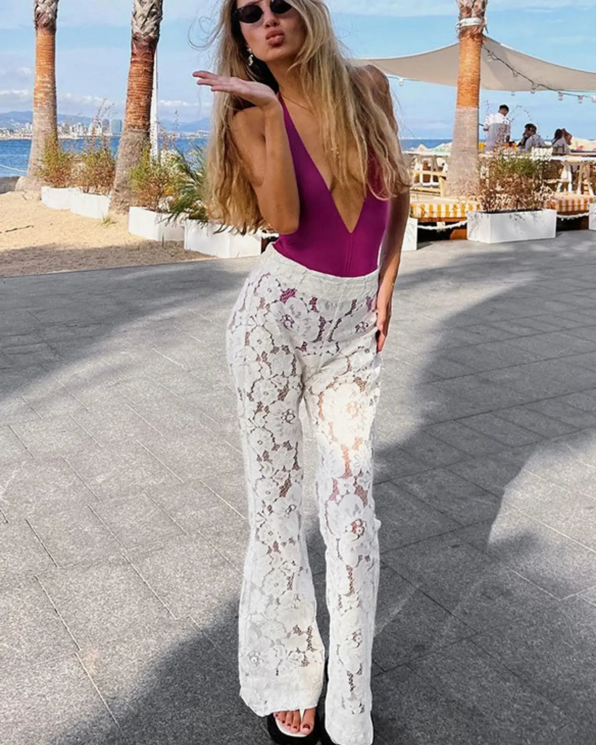 Slim Flared Pants with Floral Jacquard Lace Details