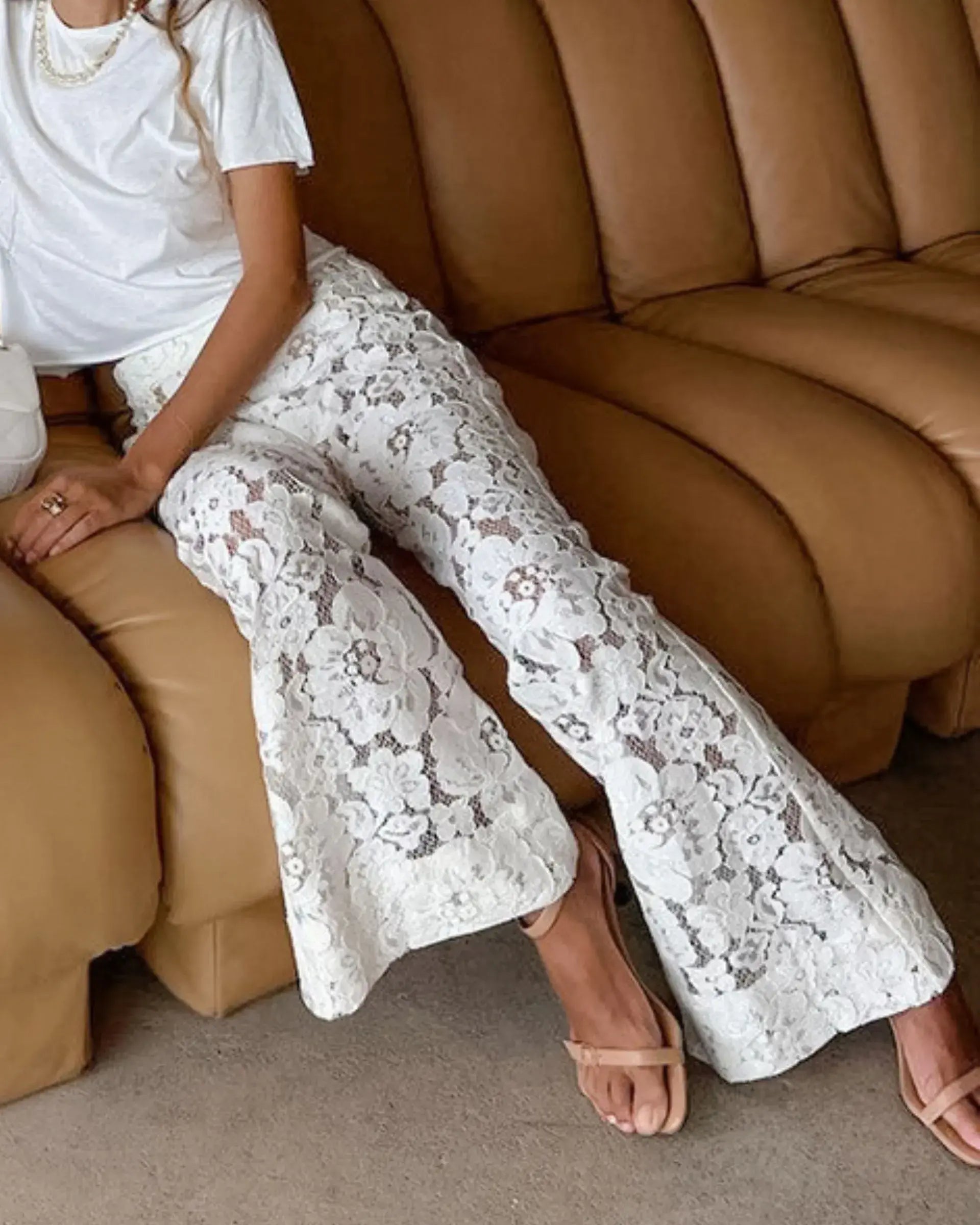 Slim Flared Pants with Floral Jacquard Lace Details