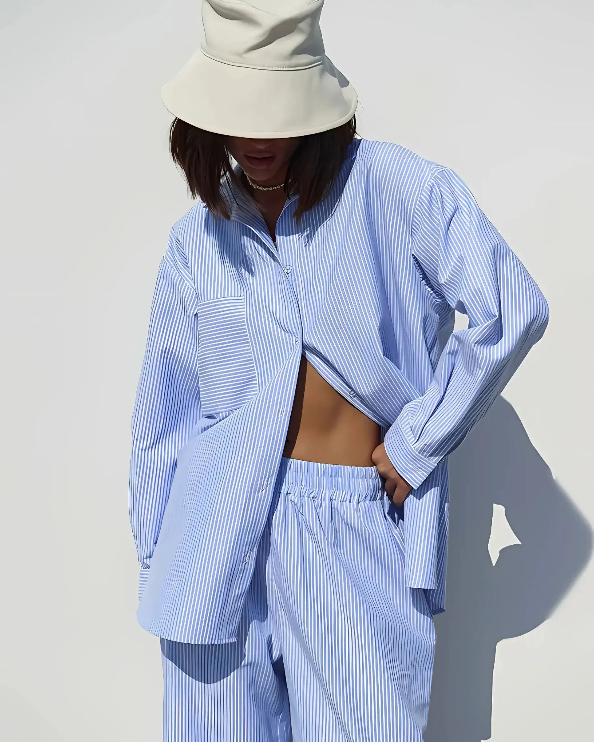Striped Two-Piece Lounge Set – Oversized Button-Up Shirt & Wide Leg Pants for Women