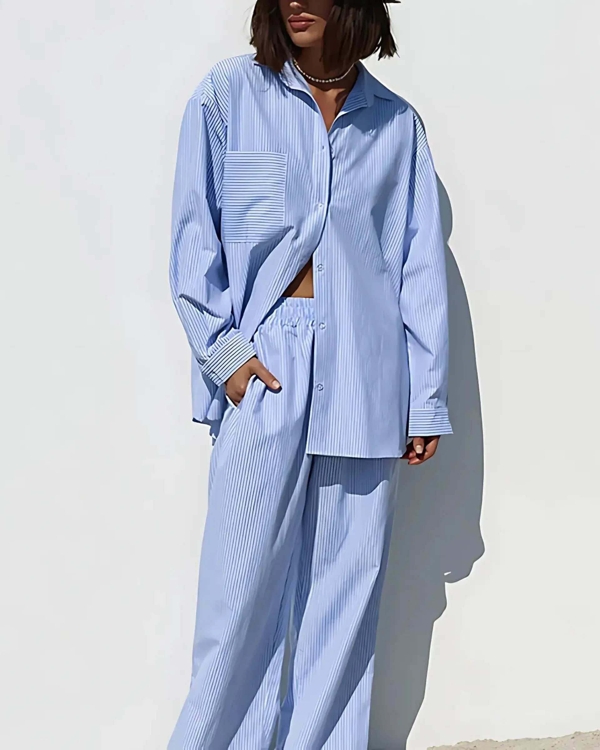 Striped Two-Piece Lounge Set – Oversized Button-Up Shirt & Wide Leg Pants for Women