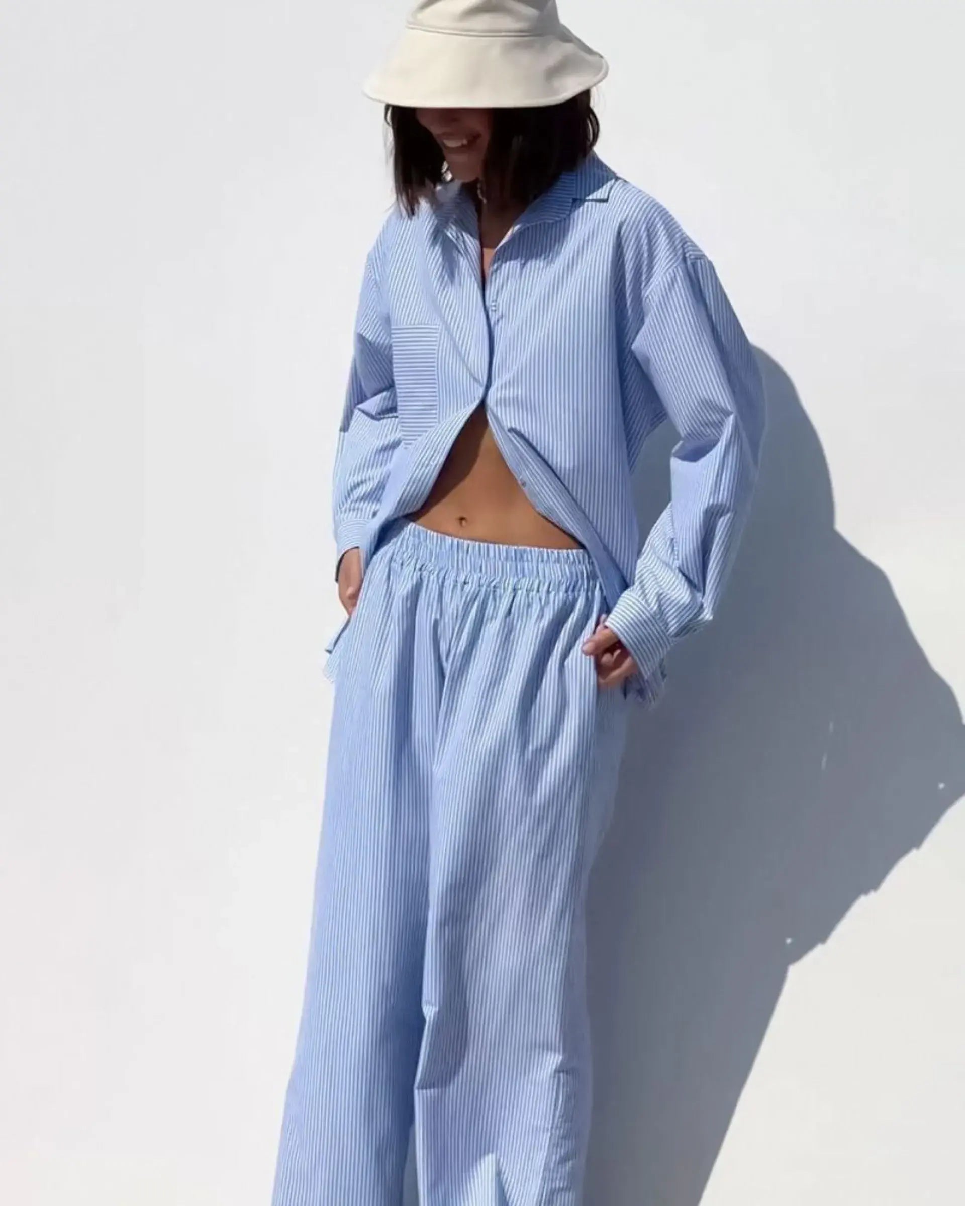 Striped Two-Piece Lounge Set – Oversized Button-Up Shirt & Wide Leg Pants for Women