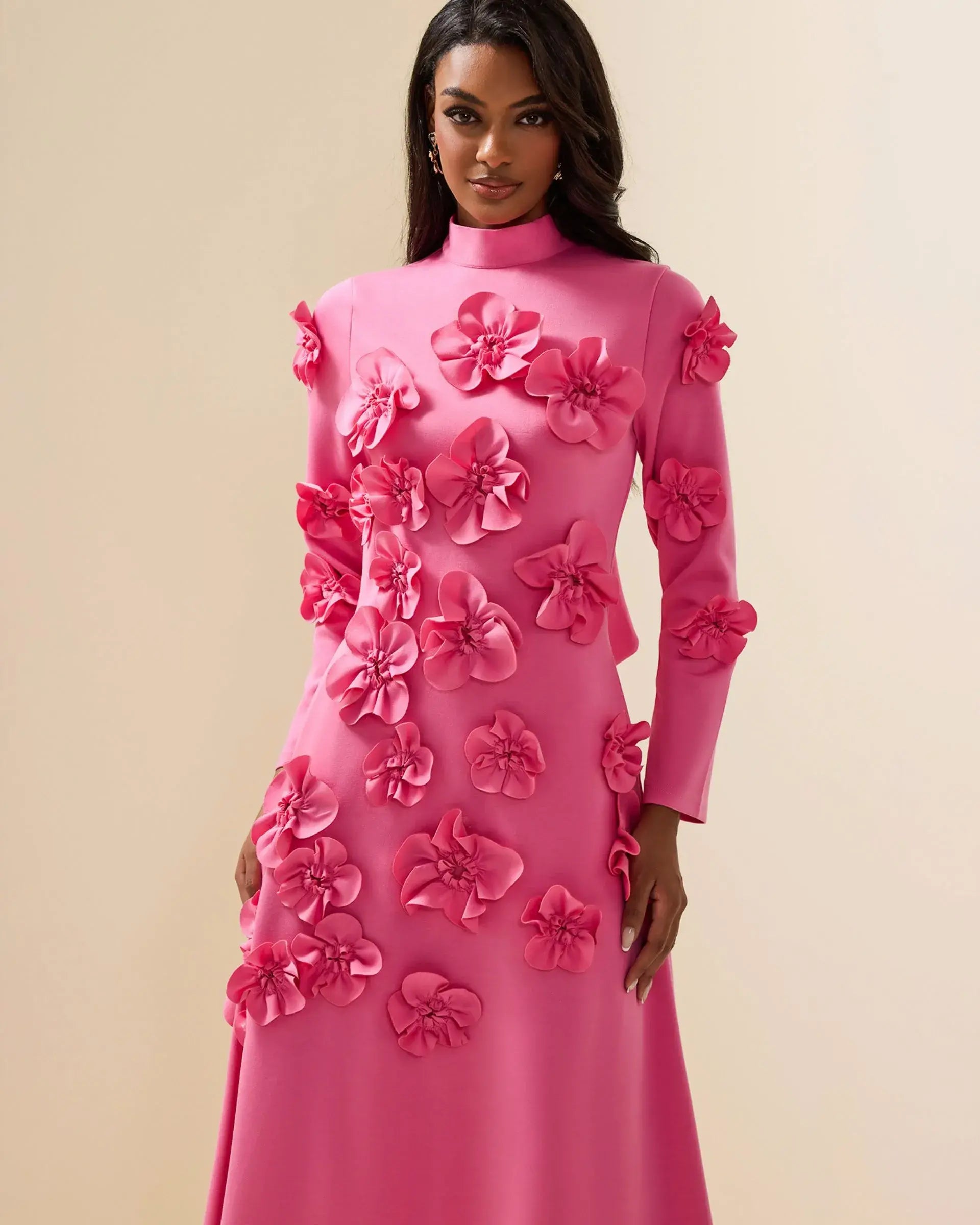 3D Flower Stand Collar Long Sleeve Dress