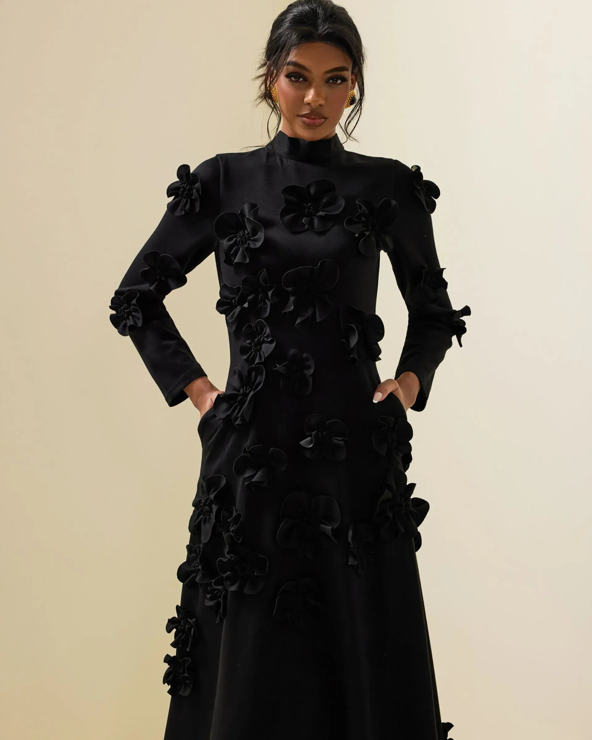 3D Flower Stand Collar Long Sleeve Dress