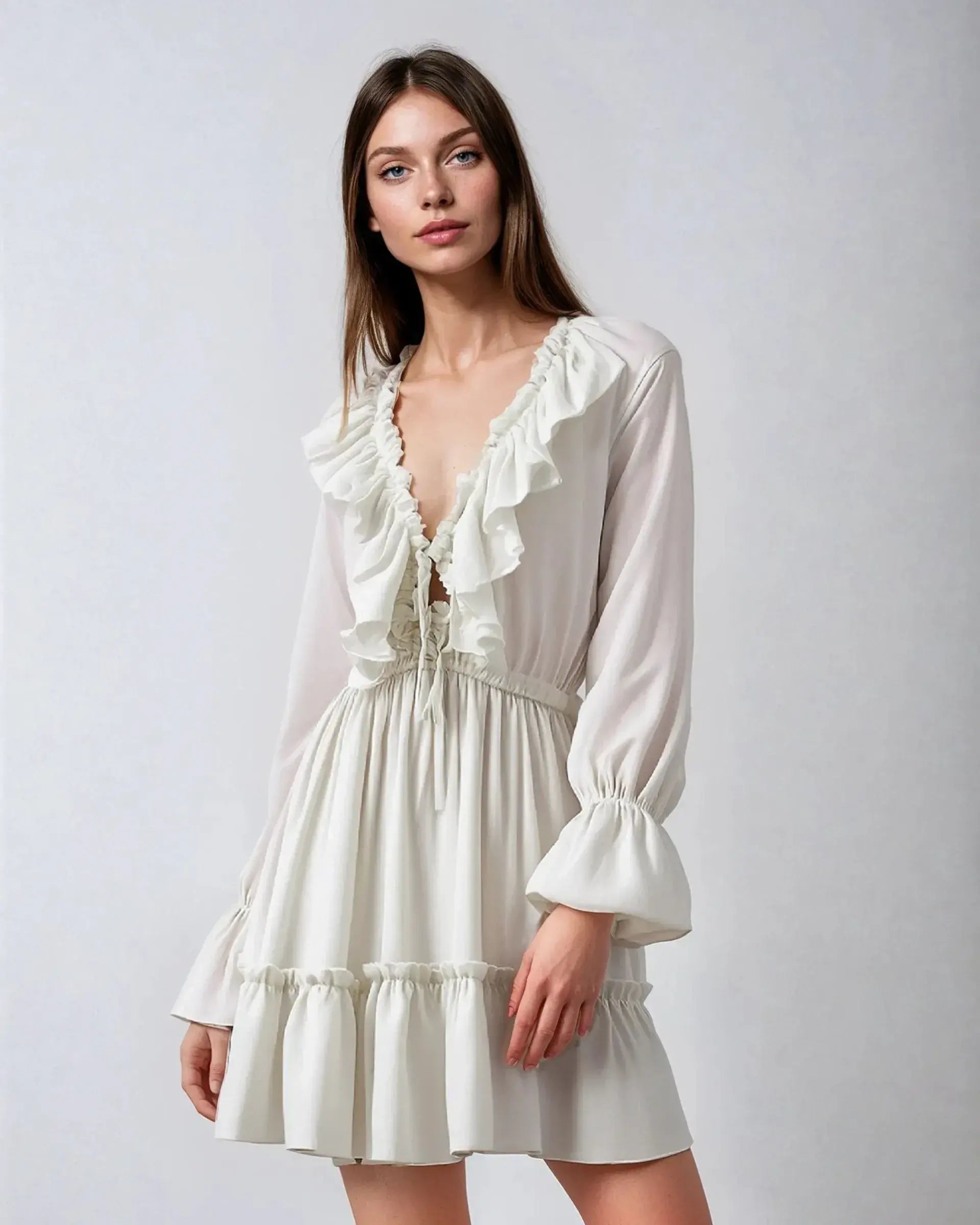 Ruffle Long Sleeve Chiffon Dress